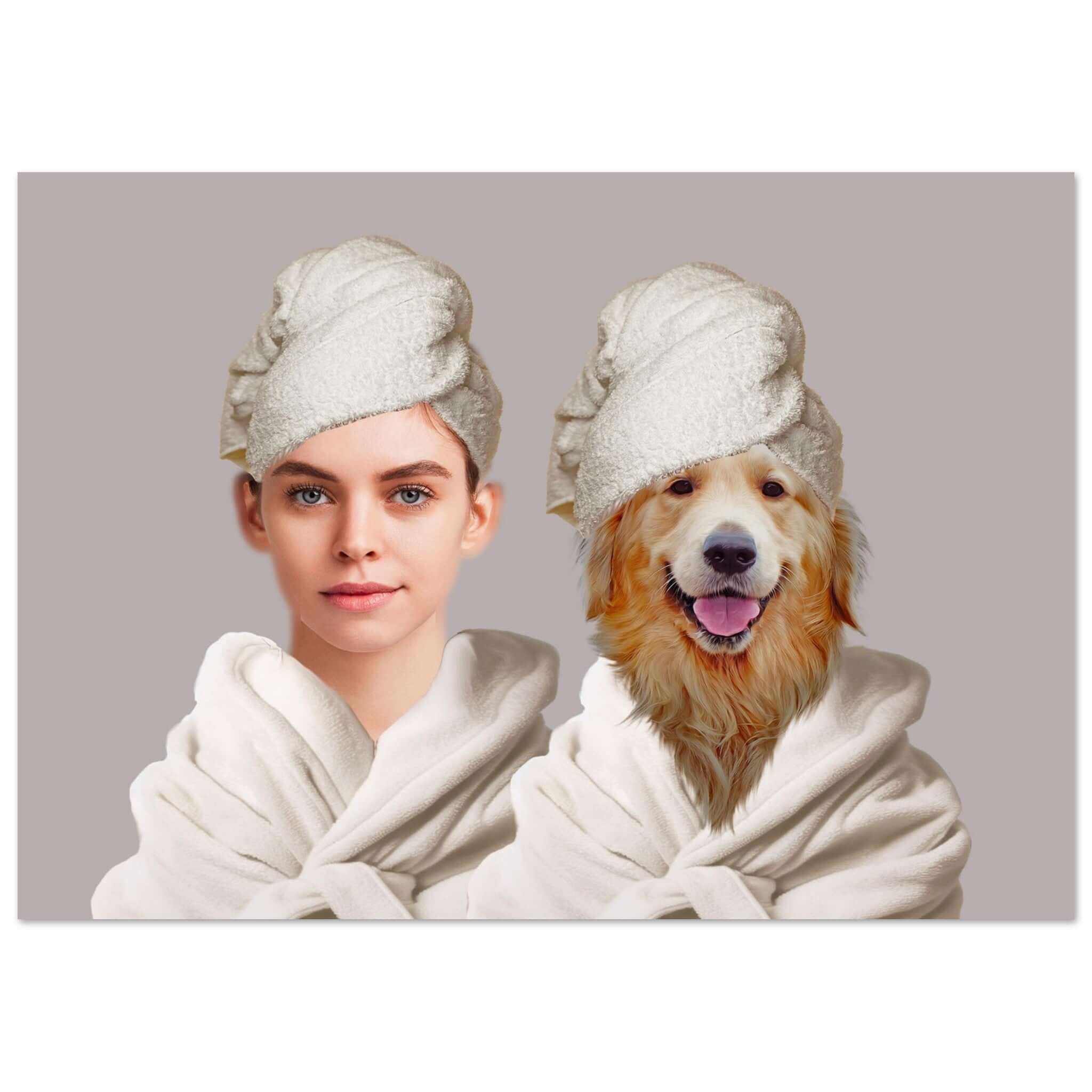 Portrait personnalisé avec femme et chien en spa, imprimé en France sur papier FSC.