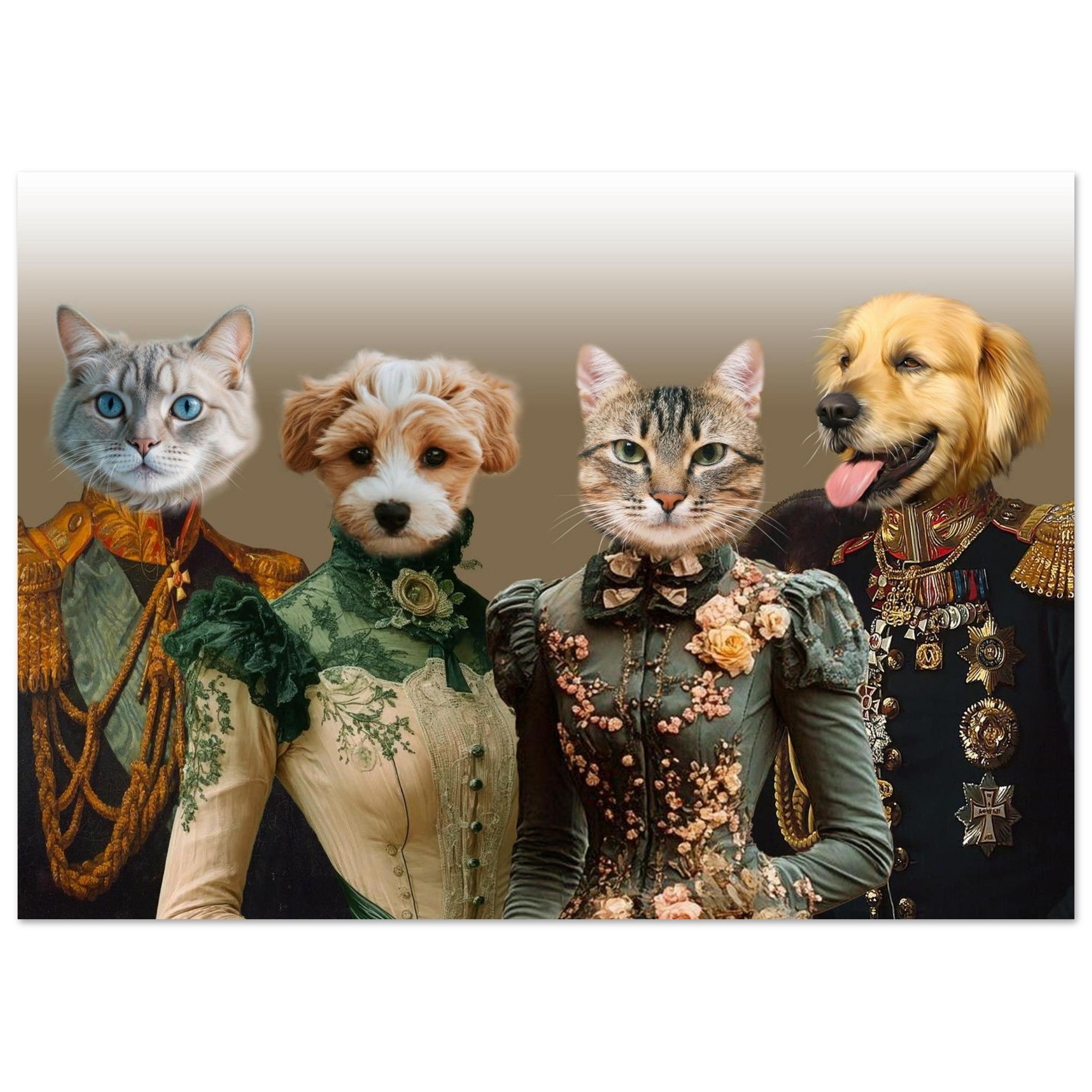 Portrait humoristique de quatre animaux (deux chats et deux chiens) en costume aristocratique victorien, avec robes fleuries, uniformes brodés et médailles.
