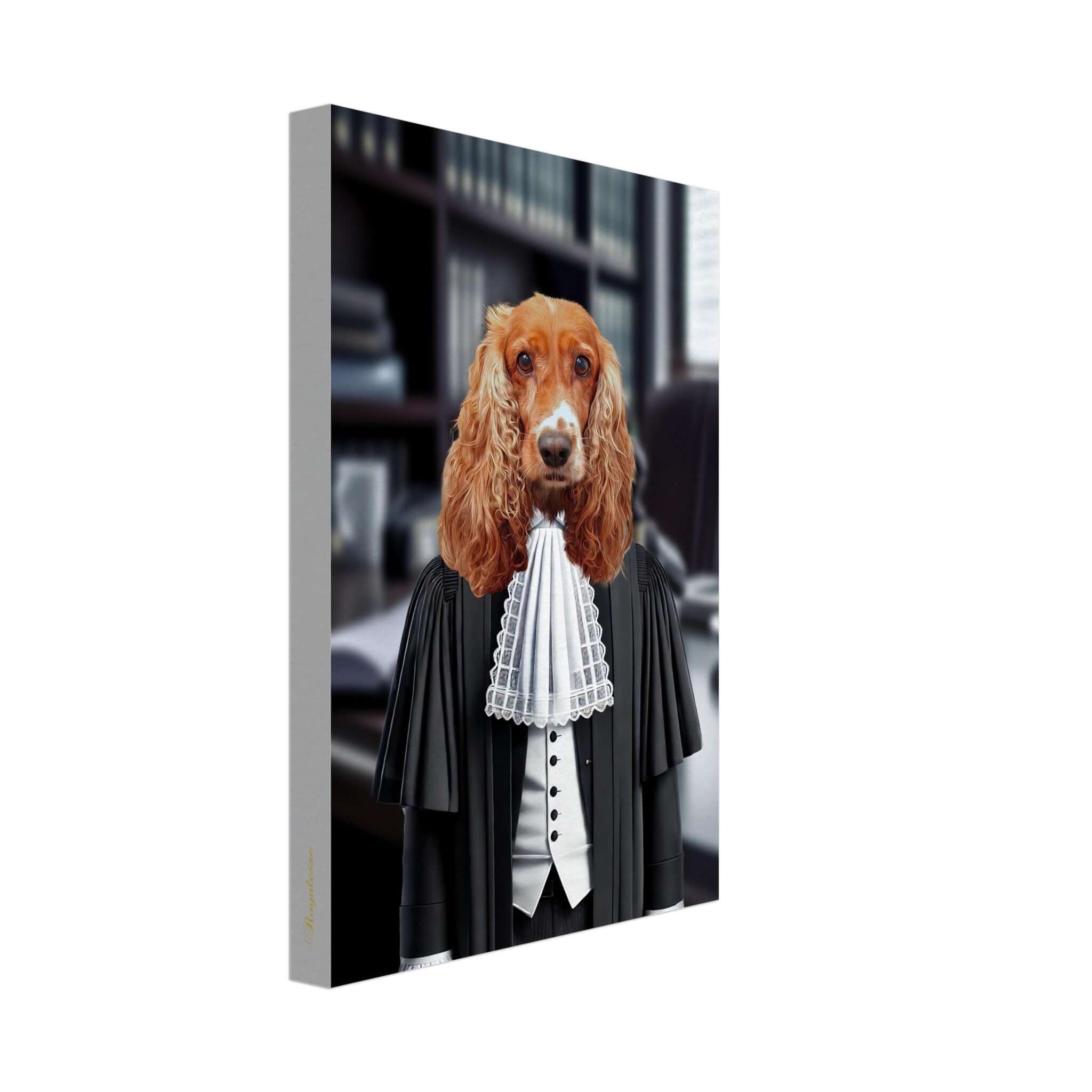 Portrait animal personnalisé sur toile "Toile NOTAIRE", imprimé en France sur papier FSC, représentant un chien élégant dans un cabinet.