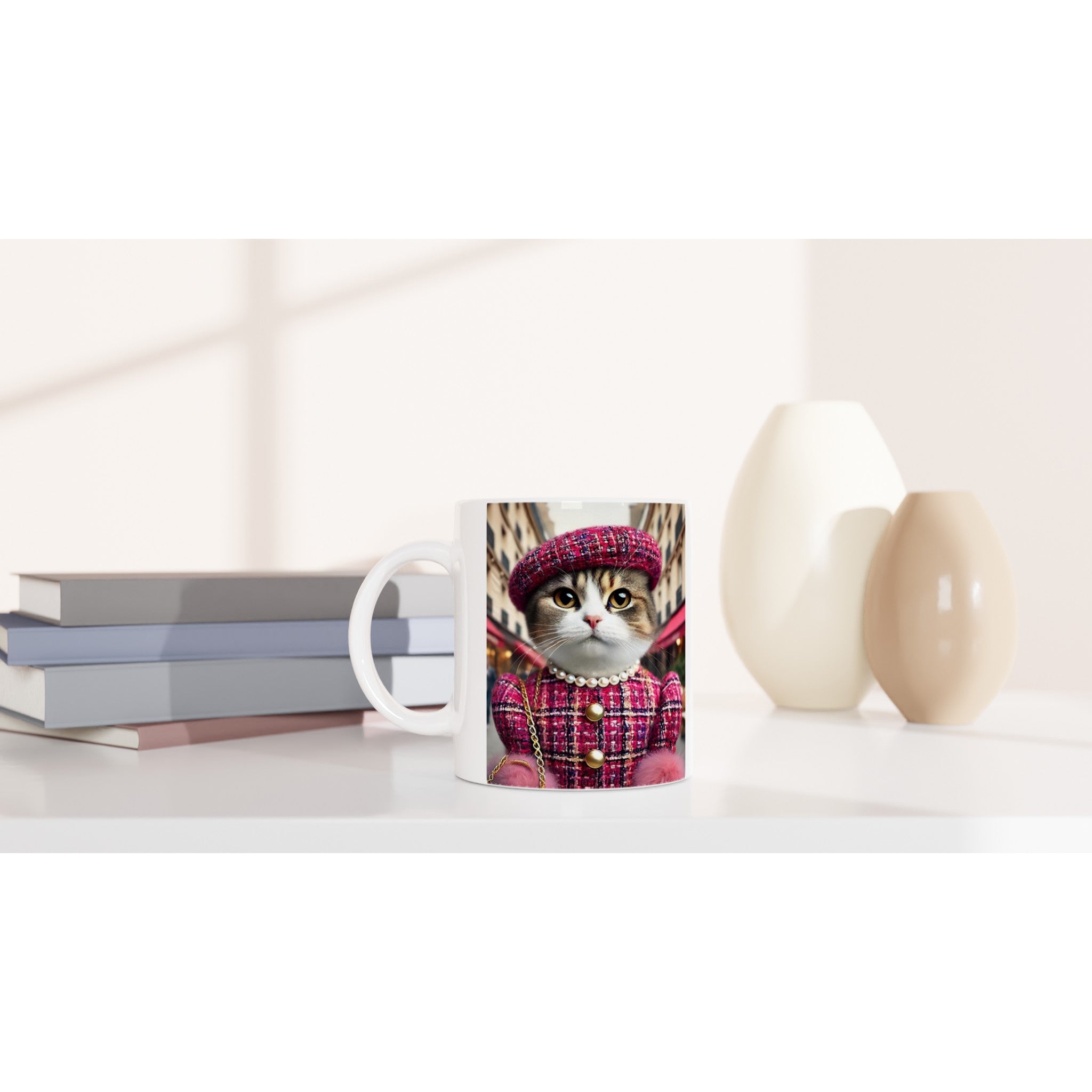 Tasse blanche posée sur un bureau minimaliste avec livres et vases, illustrée d’un chat élégant en tailleur et béret rose à carreaux, collier de perles et petit sac, sur fond de rue urbaine.