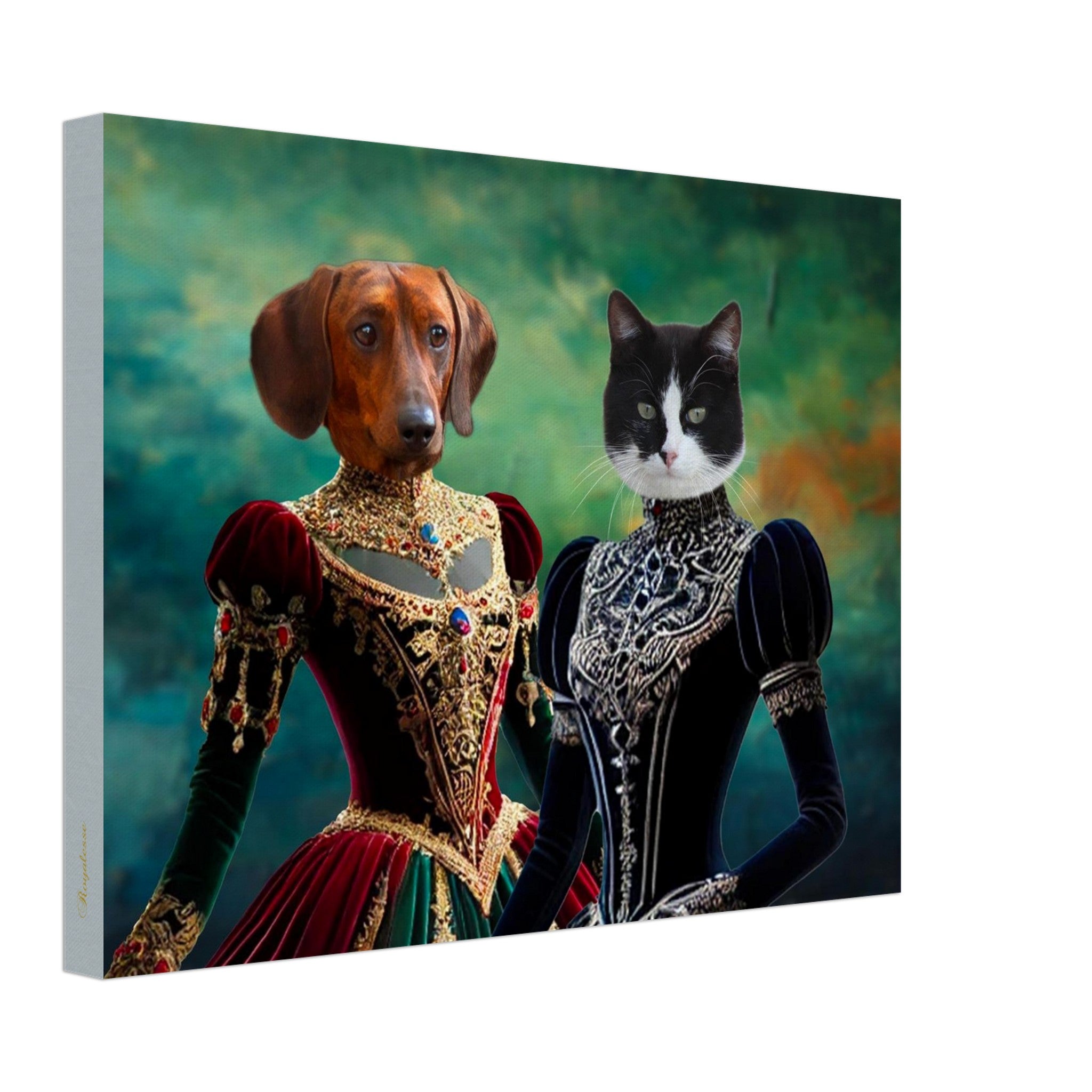 Chien teckel marron en robe baroque rouge et verte ornée de bijoux à côté d’un chat noir et blanc en robe noire élégante sur fond vert artistique