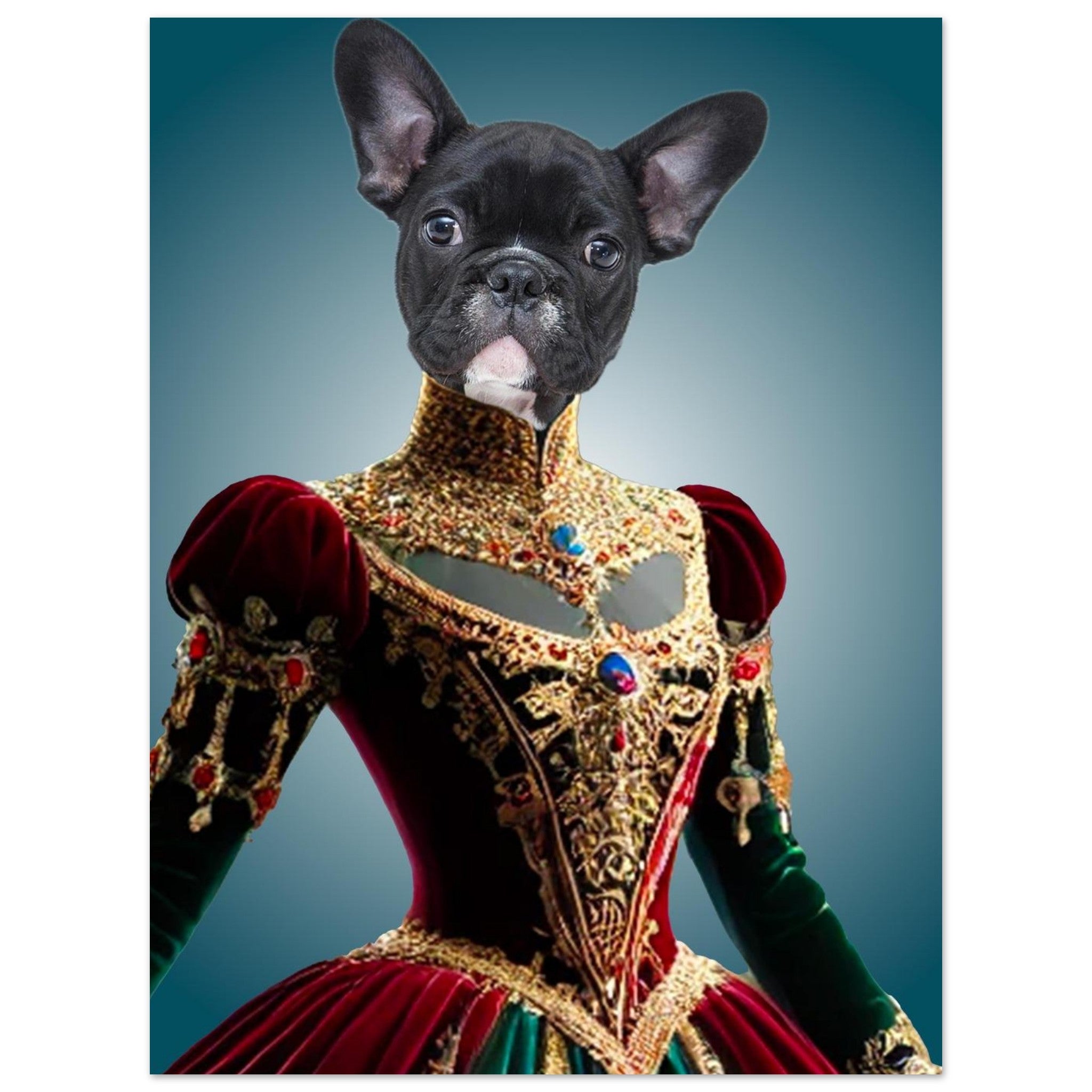 Chien bouledogue français noir vêtu d’une somptueuse robe Renaissance bordeaux et verte richement brodée d’or et ornée de pierres précieuses sur fond bleu dégradé