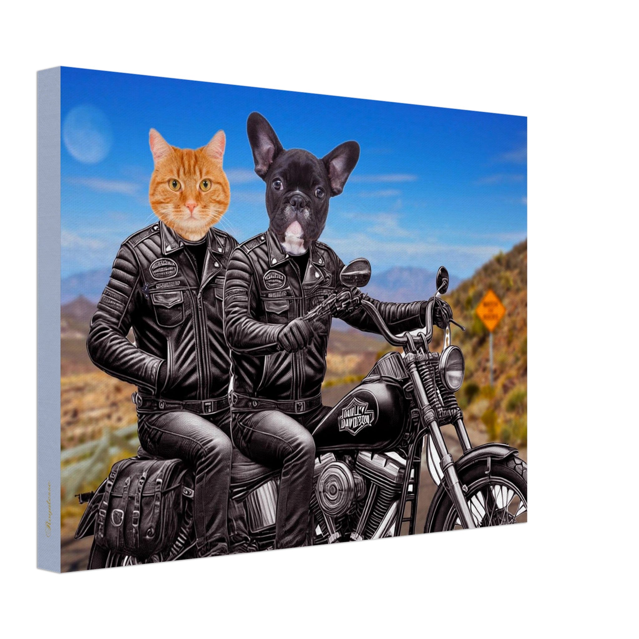 Illustration humoristique de deux motards anthropomorphes : un chat roux et un bouledogue français noir en blousons de cuir noir, assis sur une moto Harley-Davidson dans un paysage désertique.