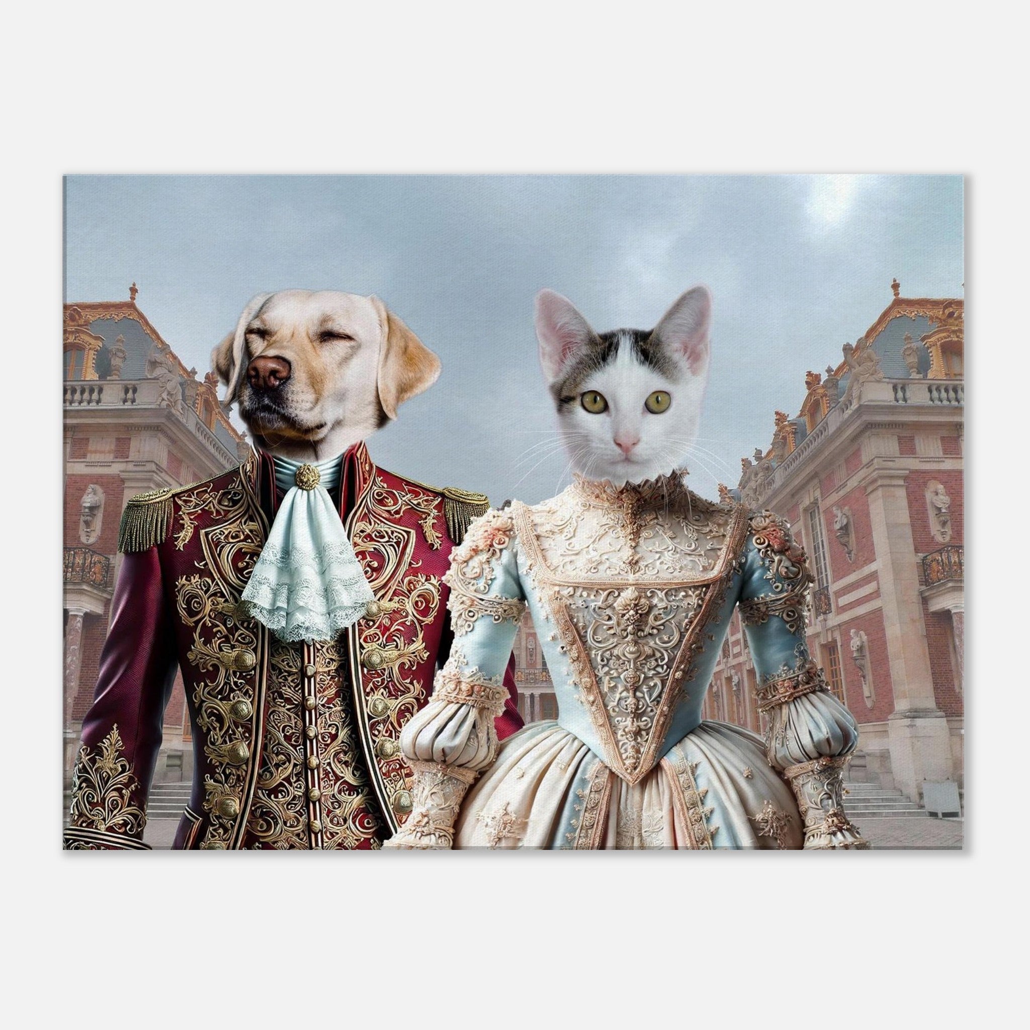 Chien labrador en habit baroque rouge et or et chat blanc en robe de cour pastel richement brodée devant une façade de palais baroque