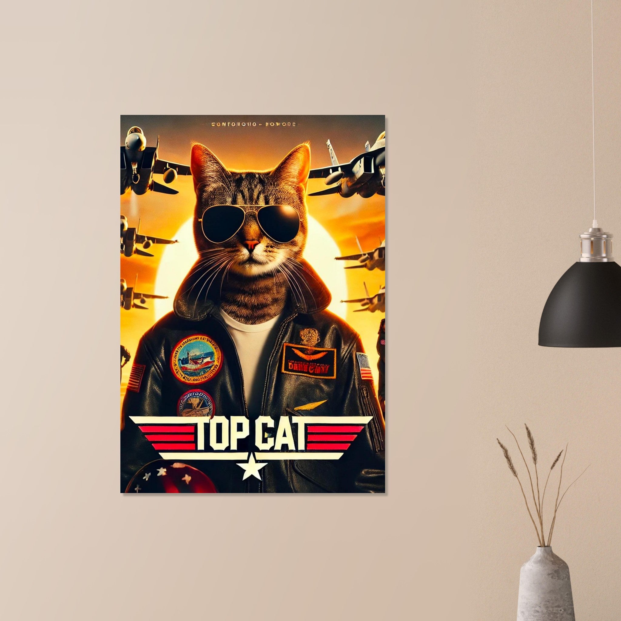 Poster « Top Cat » montrant un chat en blouson de pilote de chasse, lunettes aviateur, devant un soleil couchant et des jets en formation