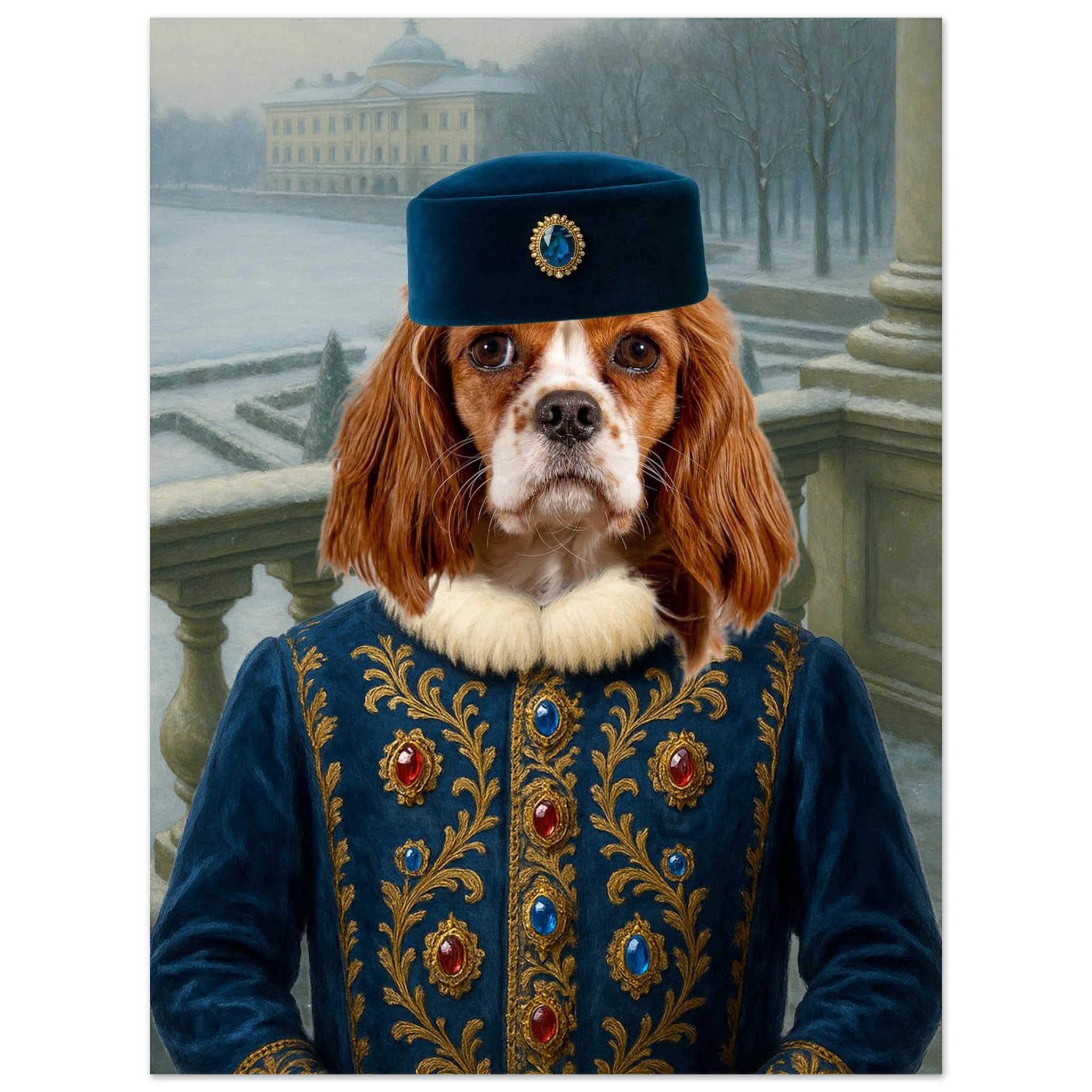 Portrait d’un chien Cavalier King Charles en habit royal bleu brodé d’or et de pierres précieuses devant un jardin d’hiver enneigé.