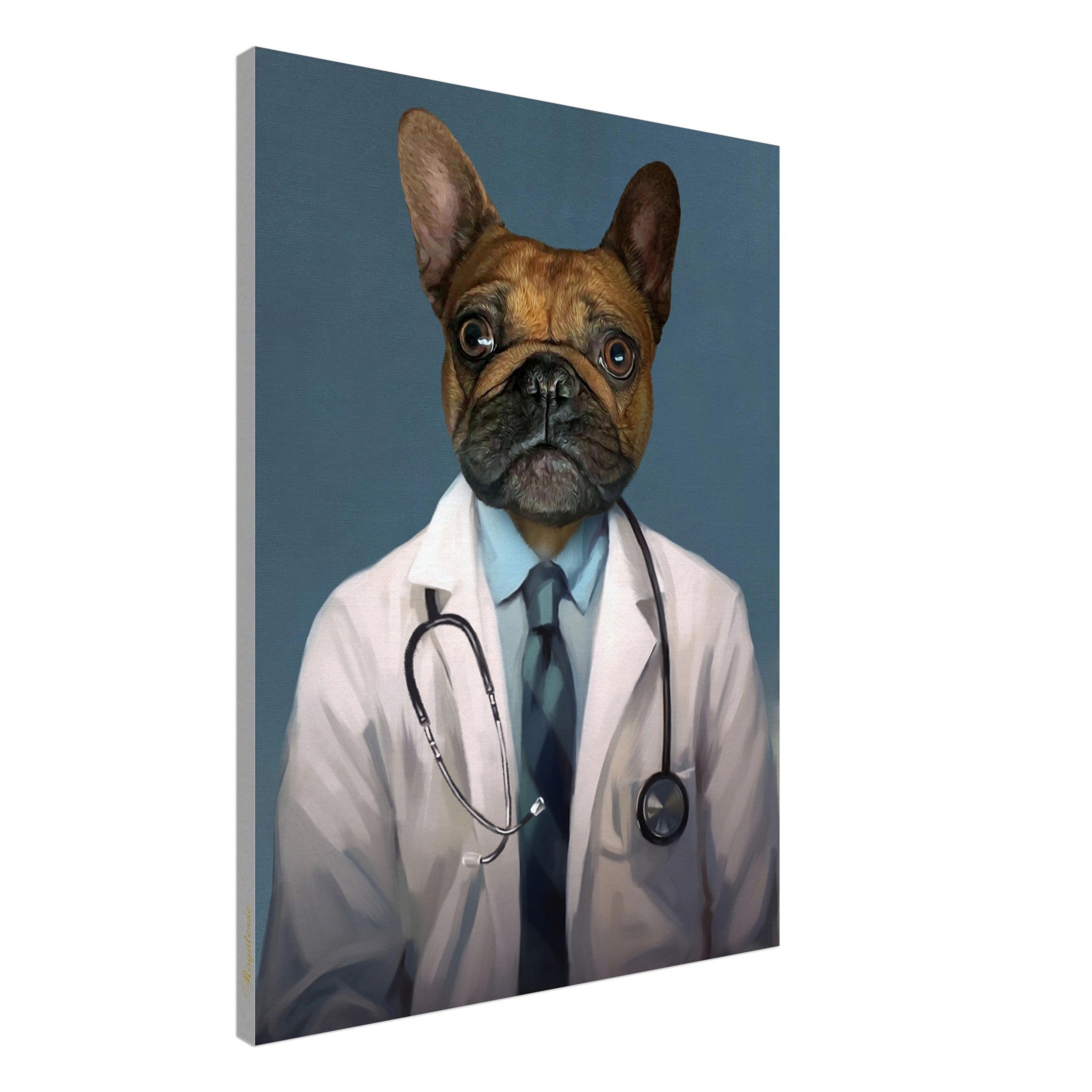 Portrait d'un chien déguisé en docteur sur toile, imprimé en France sur papier FSC, art intemporel et personnalisé.