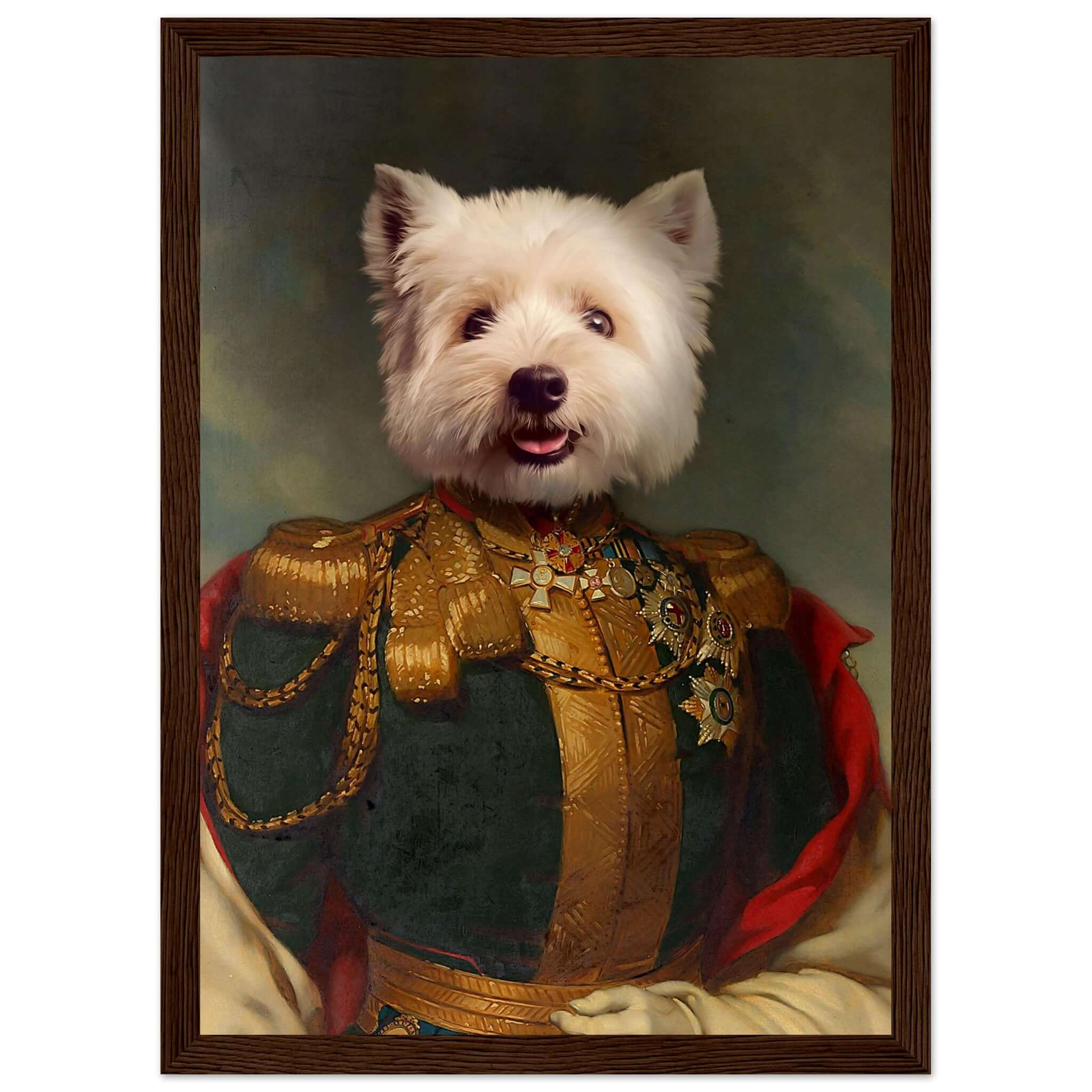 Portrait drôle d'un chien en uniforme noble, imprimé en France sur papier FSC, cadre en bois de pin prêt à accrocher.