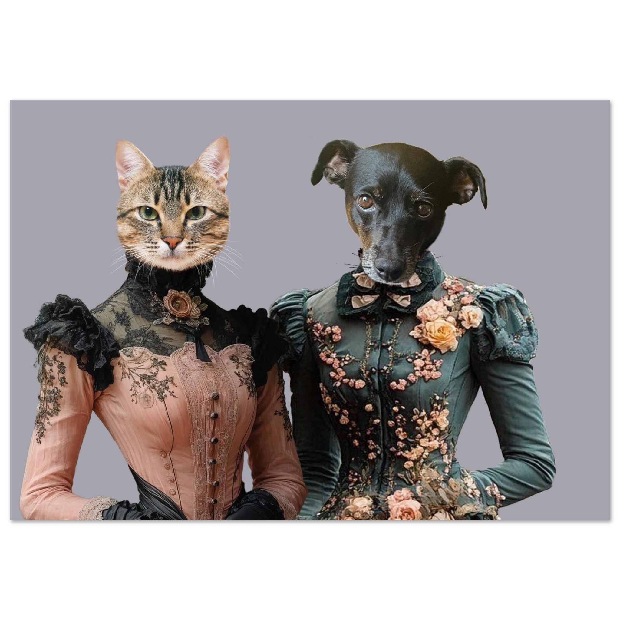 Chat tigré et petit chien noir anthropomorphes vêtus de robes victoriennes finement brodées de dentelle et de fleurs sur fond gris.