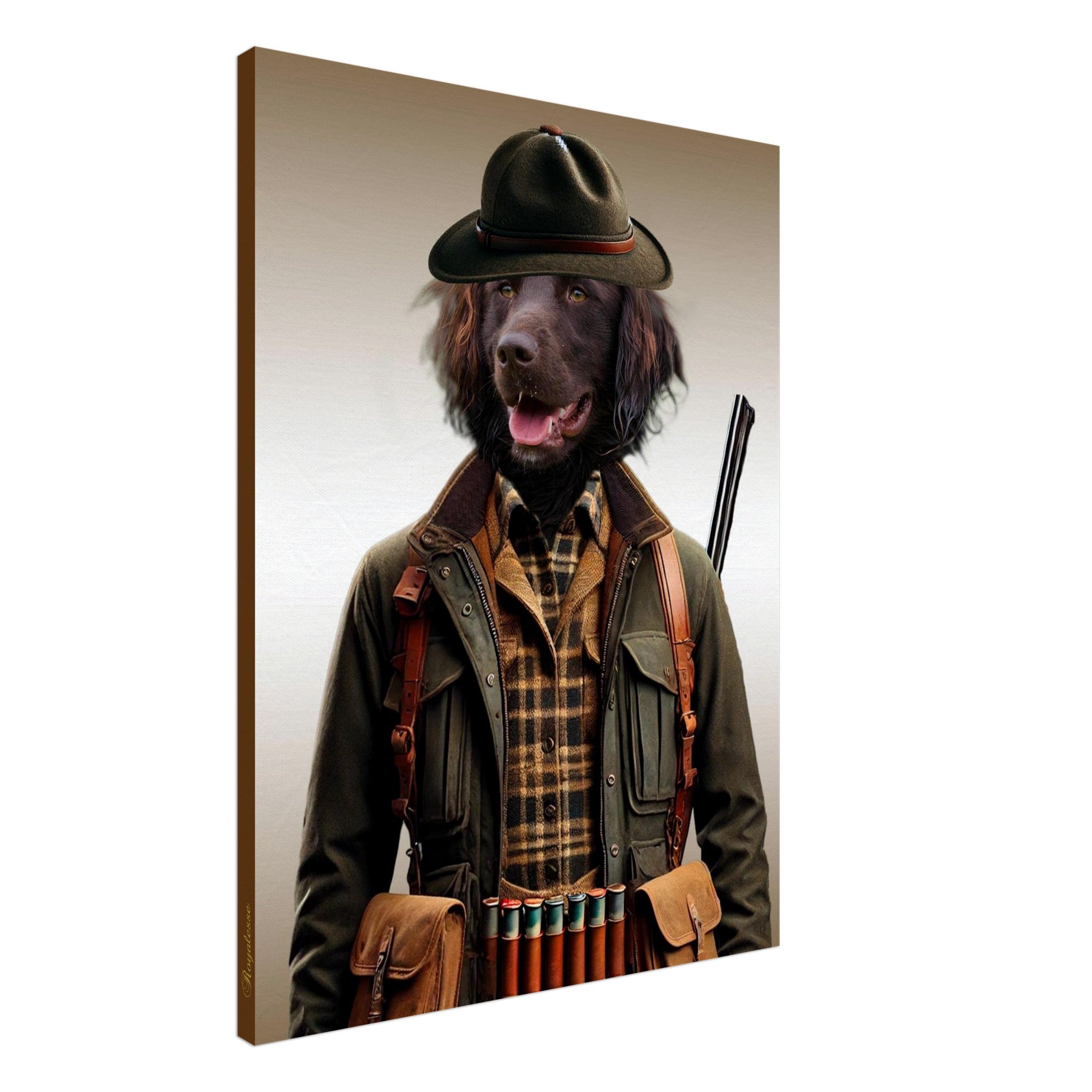 Portrait sur toile d’un chien brun en tenue de chasseur avec chapeau feutre, chemise à carreaux kaki et ceinture de cartouches