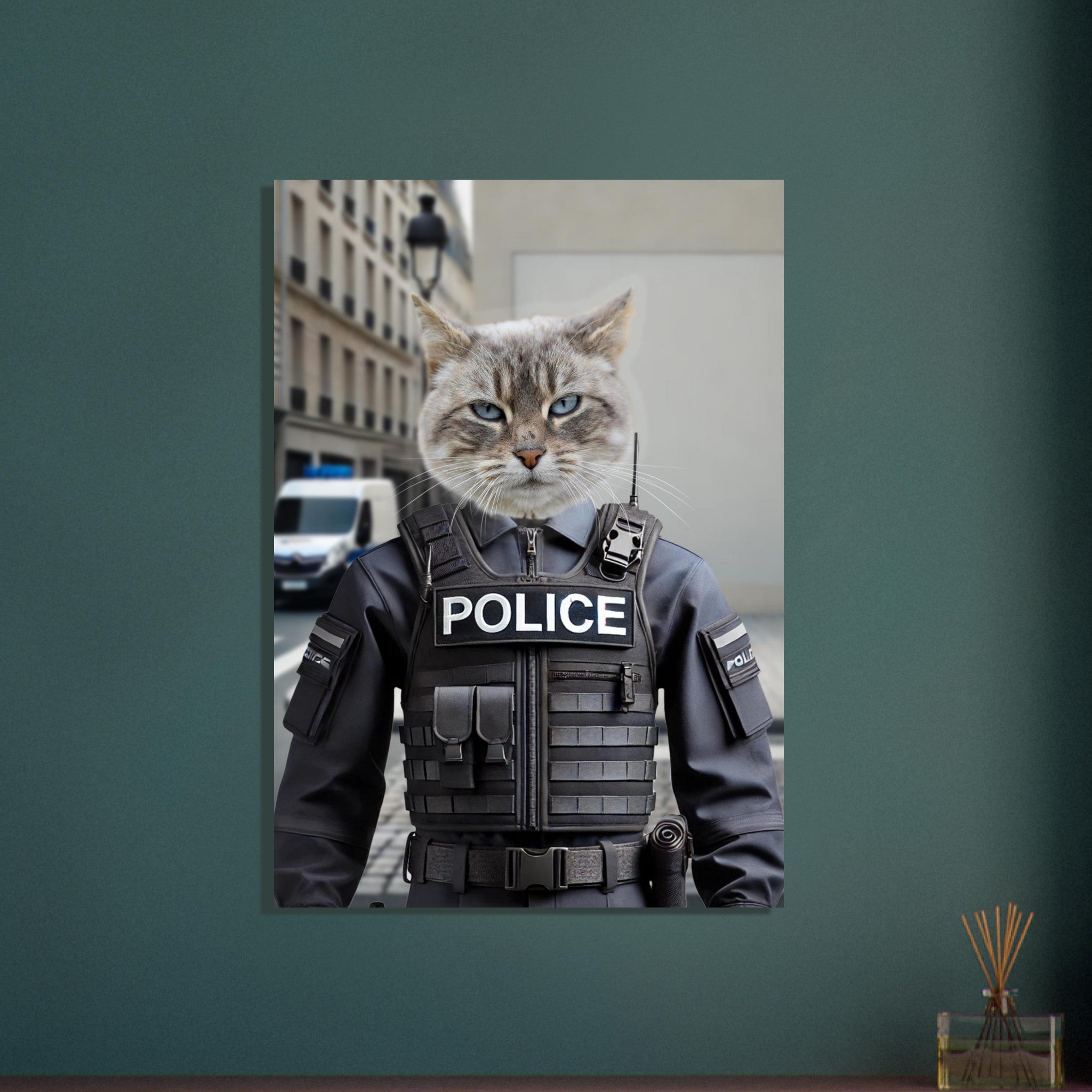 Chat gris aux yeux bleus revêtu d’un gilet tactique noir « POLICE », sur fond urbain flou avec immeuble et fourgon de police.