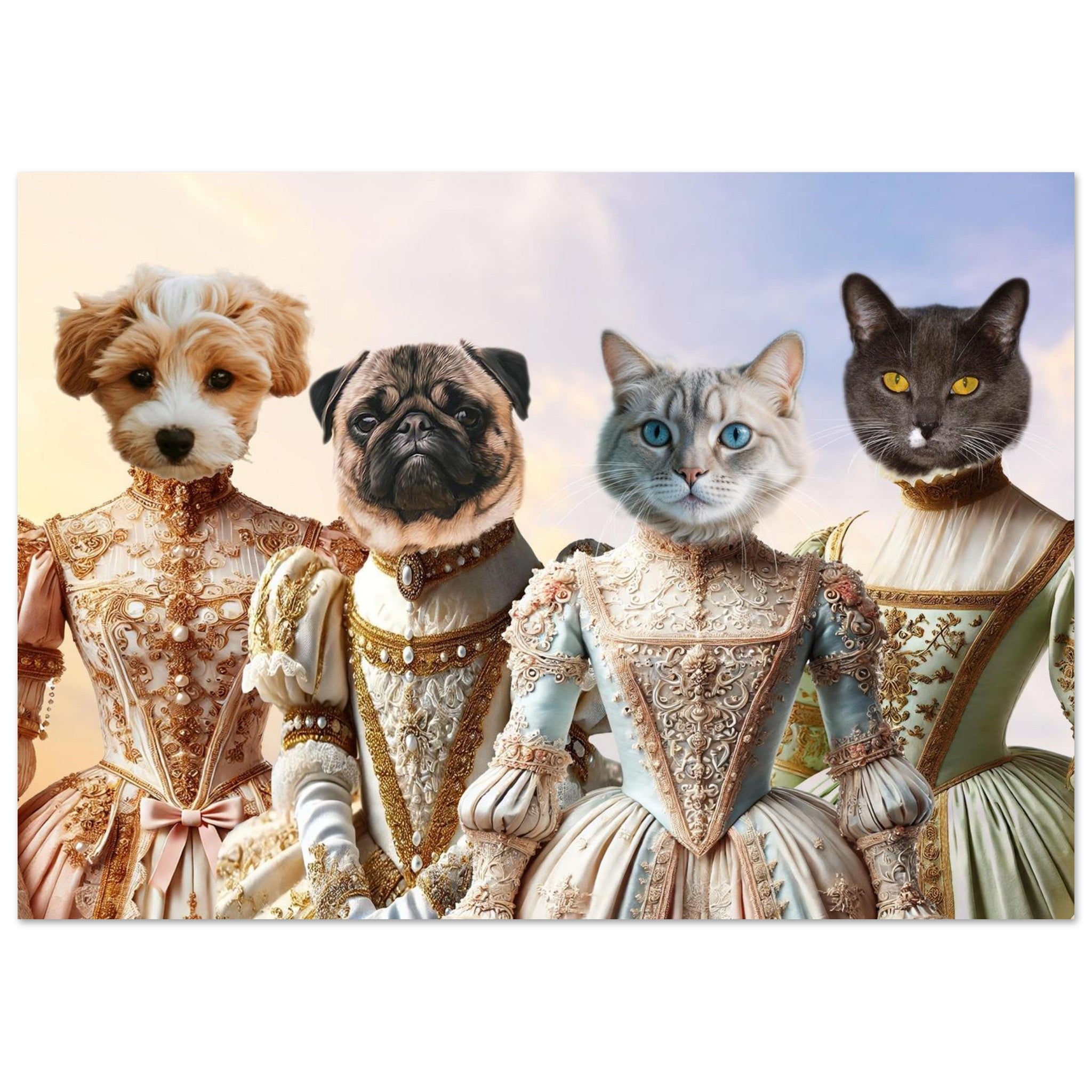 Deux chiens et deux chats posant de face, habillés de somptueuses robes rococo aristocratiques pastel richement brodées et ornées de détails dorés