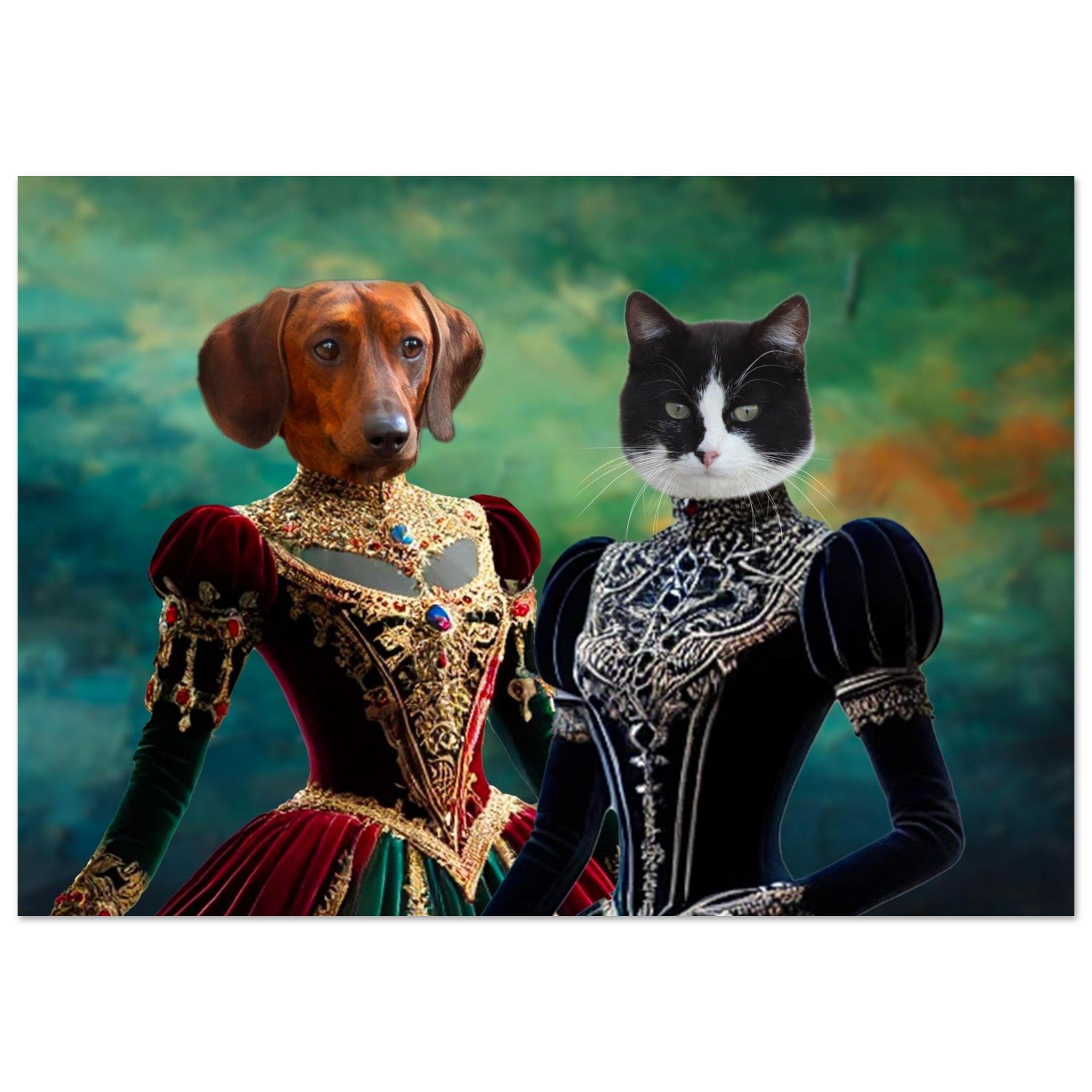 Deux figures anthropomorphes en robes Renaissance richement ornées : l’une à tête de teckel roux, l’autre à tête de chat noir et blanc, posant devant un fond pictural vert doré