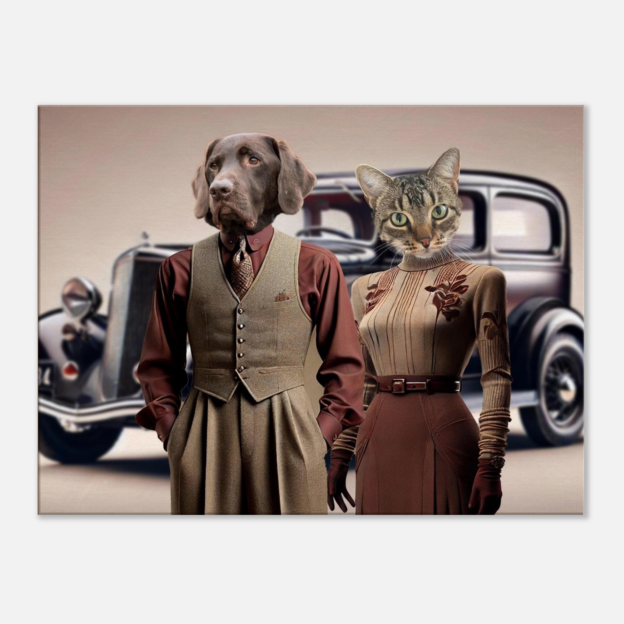 Portrait d’un couple anthropomorphe devant une voiture classique : un chien labrador vêtu d’un gilet et d’une cravate marron et un chat tigré en robe longue élégante.