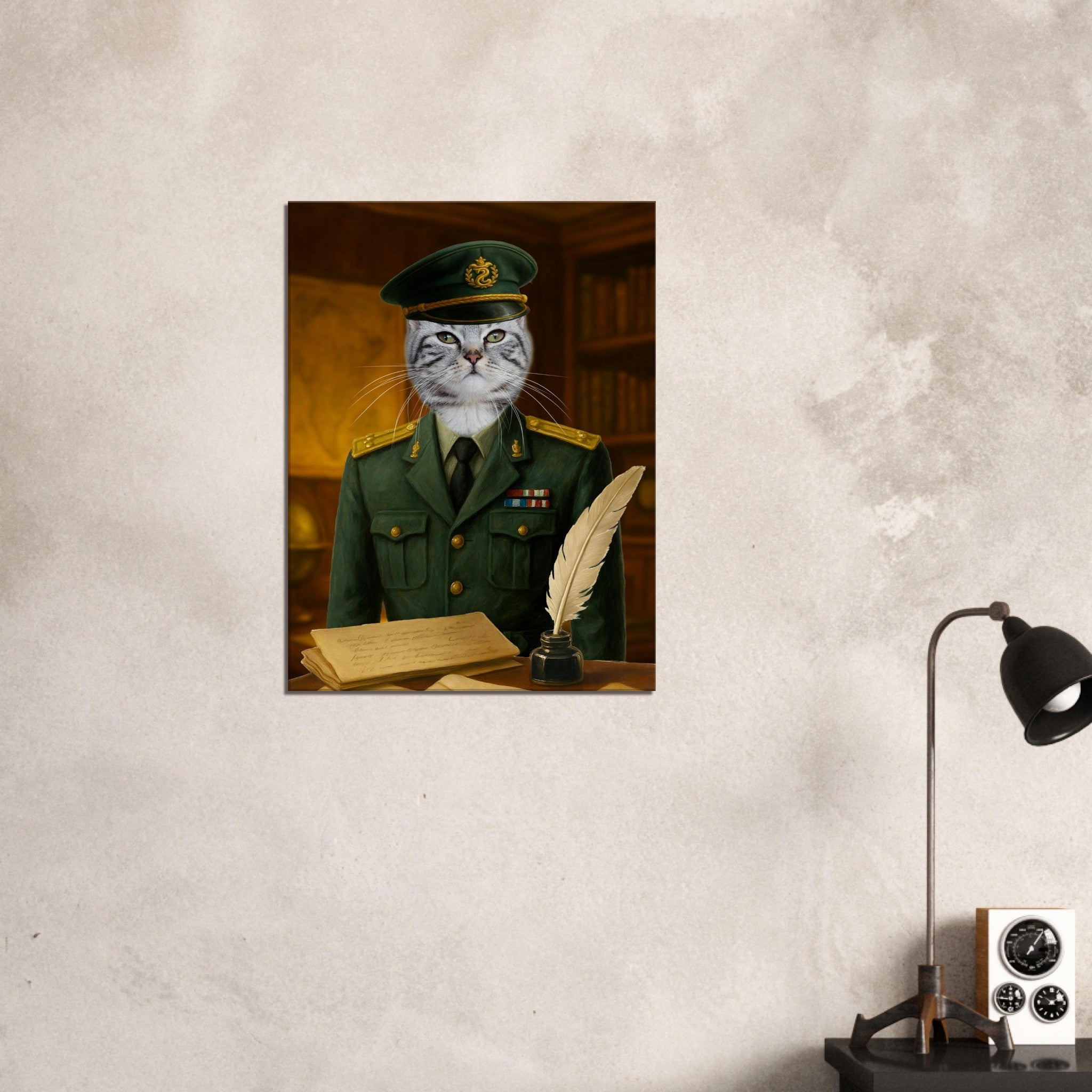 Chat gris en uniforme militaire vert avec casquette, assis à un bureau en bois garni de documents et d’une plume d’oie, avec une bibliothèque en arrière-plan.