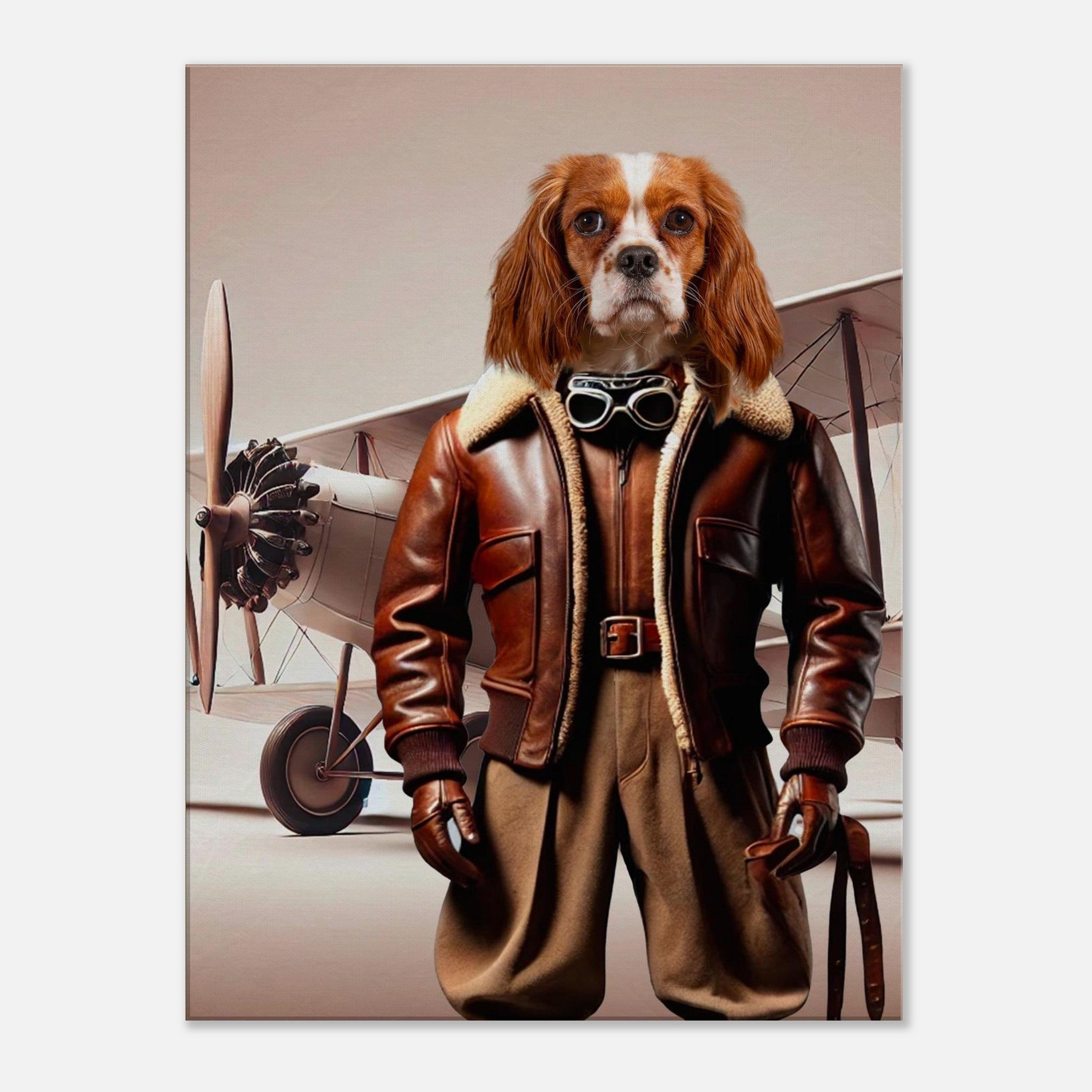 Chien Cavalier King Charles en pilote d’avion vintage, portant une veste en cuir brun à col en shearling, des gants de cuir et des lunettes d’aviateur, debout devant un biplan ancien.