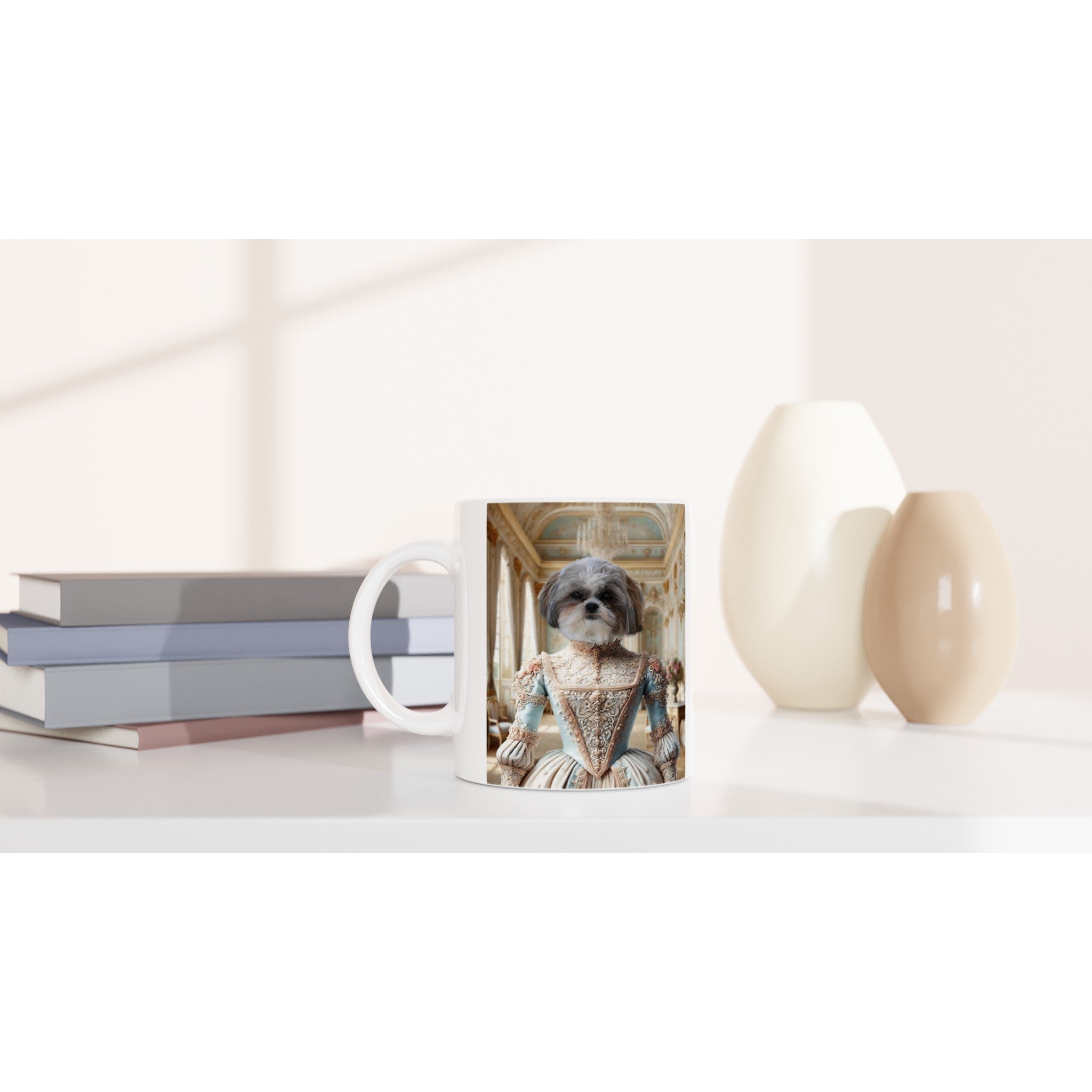 Mug blanc en céramique affichant un portrait baroque d’un petit chien Shih Tzu habillé en robe XVIIIe siècle, posé sur une table blanche avec livres et vases élégants.