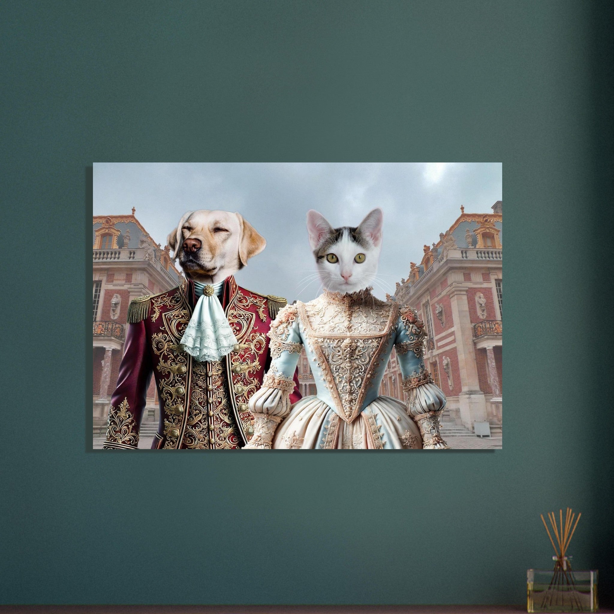 Portrait humoristique d’un chien labrador en costume baroque rouge et or et d’une chatte blanche en robe rococo bleu et crème, posant devant un château de style versaillais.