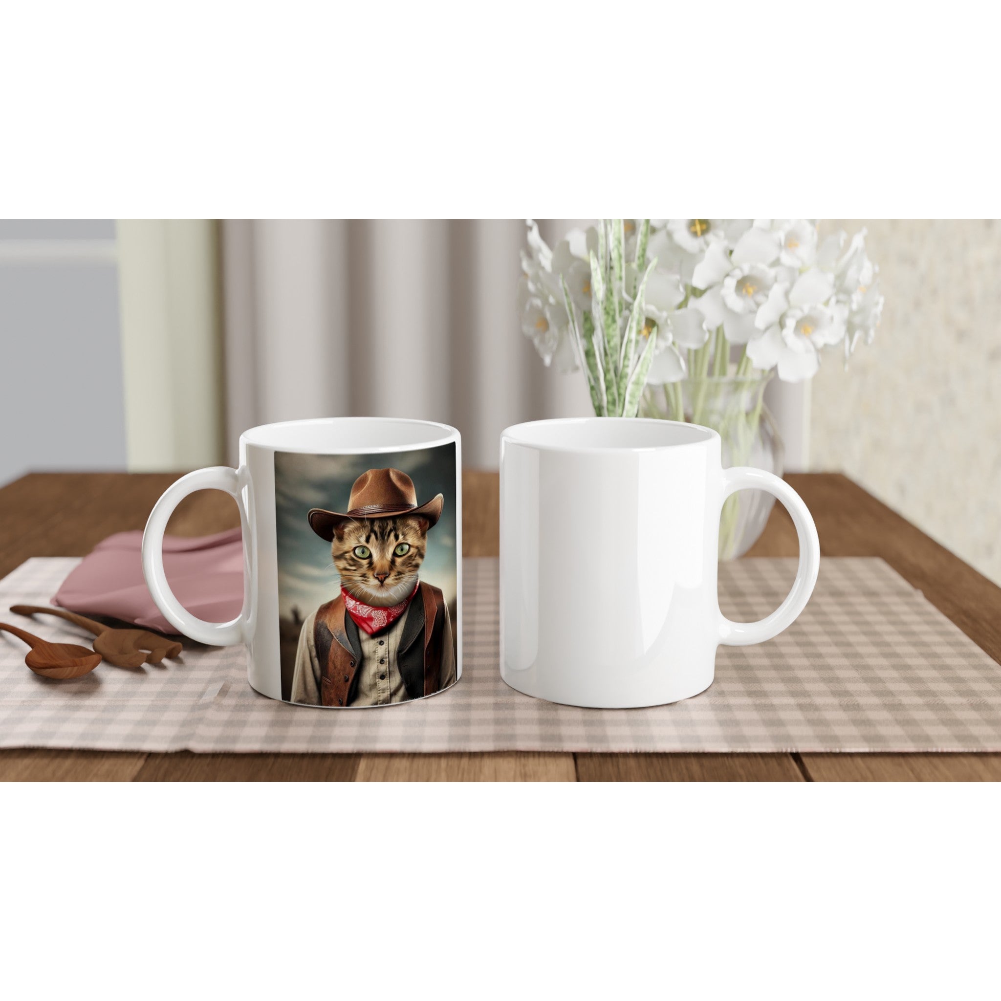 Deux tasses à café blanches posées sur une nappe à carreaux : l’une imprimée d’un chat habillé en cowboy (chapeau marron, bandana rouge et veste western), l’autre vide.