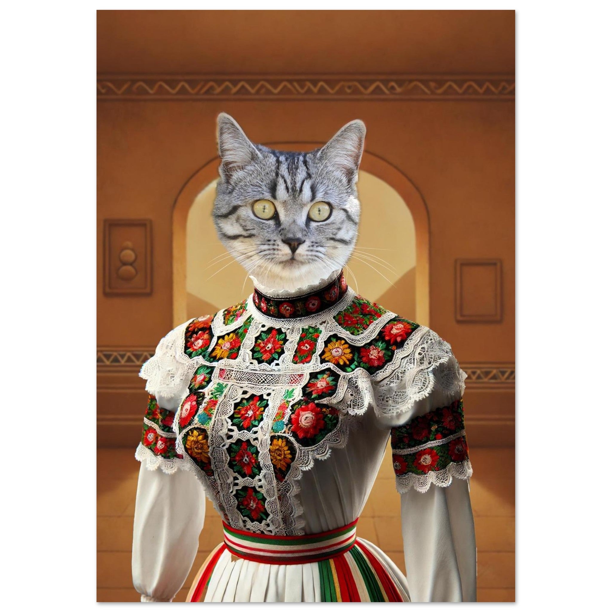 Balise alt optimisée (texte brut) :

Portrait surréaliste d’un chat gris tigré en robe folklorique blanche ornée de broderies florales rouges, vertes et jaunes, soulignée de dentelle, devant une alcôve aux tons chauds.