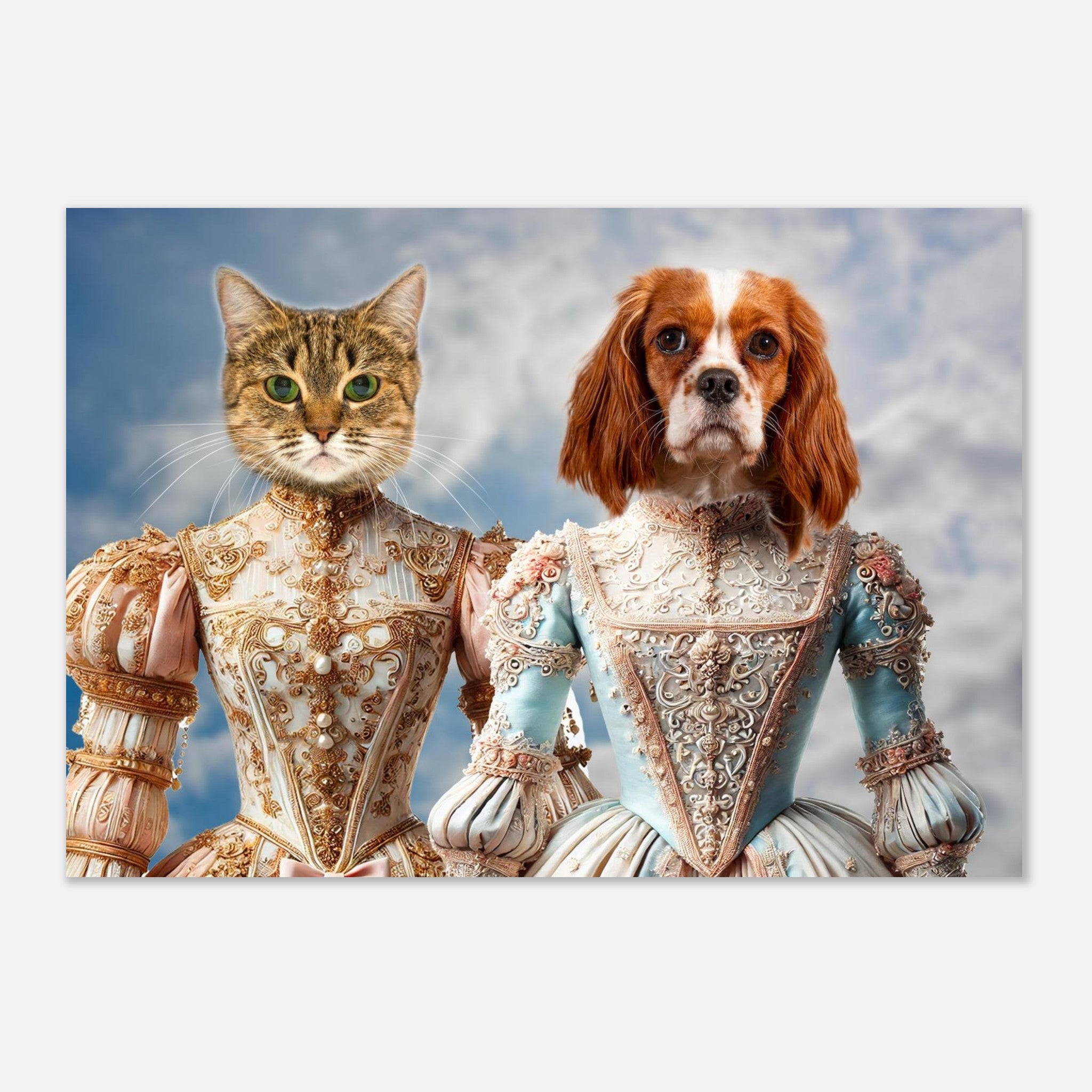 Chat tigré et chien Cavalier King Charles Spaniel côte à côte, chacun vêtu d’une somptueuse robe baroque richement ornée de broderies dorées et de perles, sur fond de ciel nuageux.