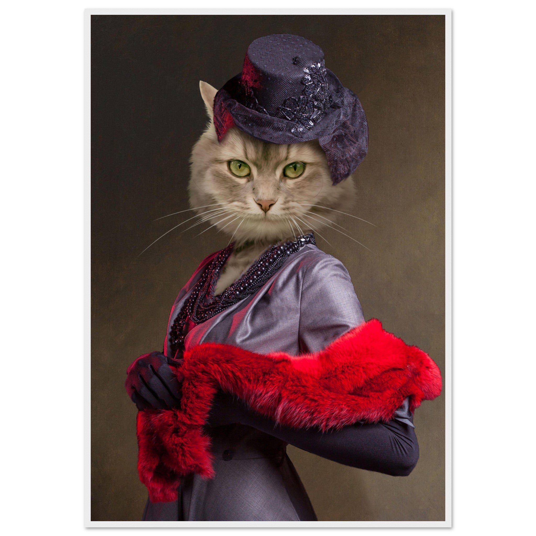 Chat élégant en costume rétro avec chapeau noir et écharpe rouge, illustration artistique captivante.