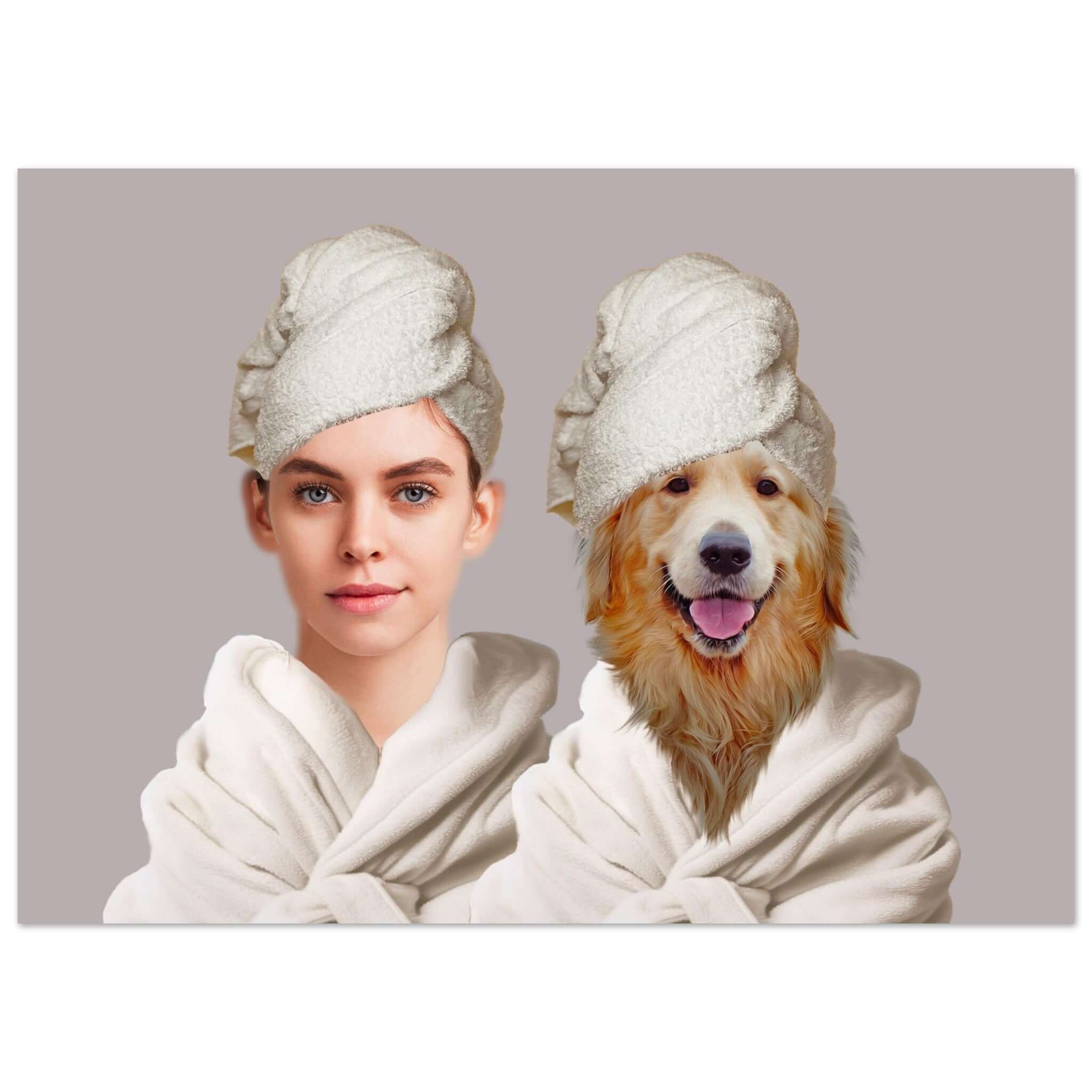 Portrait d'animal personnalisé duo au spa, imprimé en France sur papier FSC, montrant une femme et un chien avec serviettes de bain.