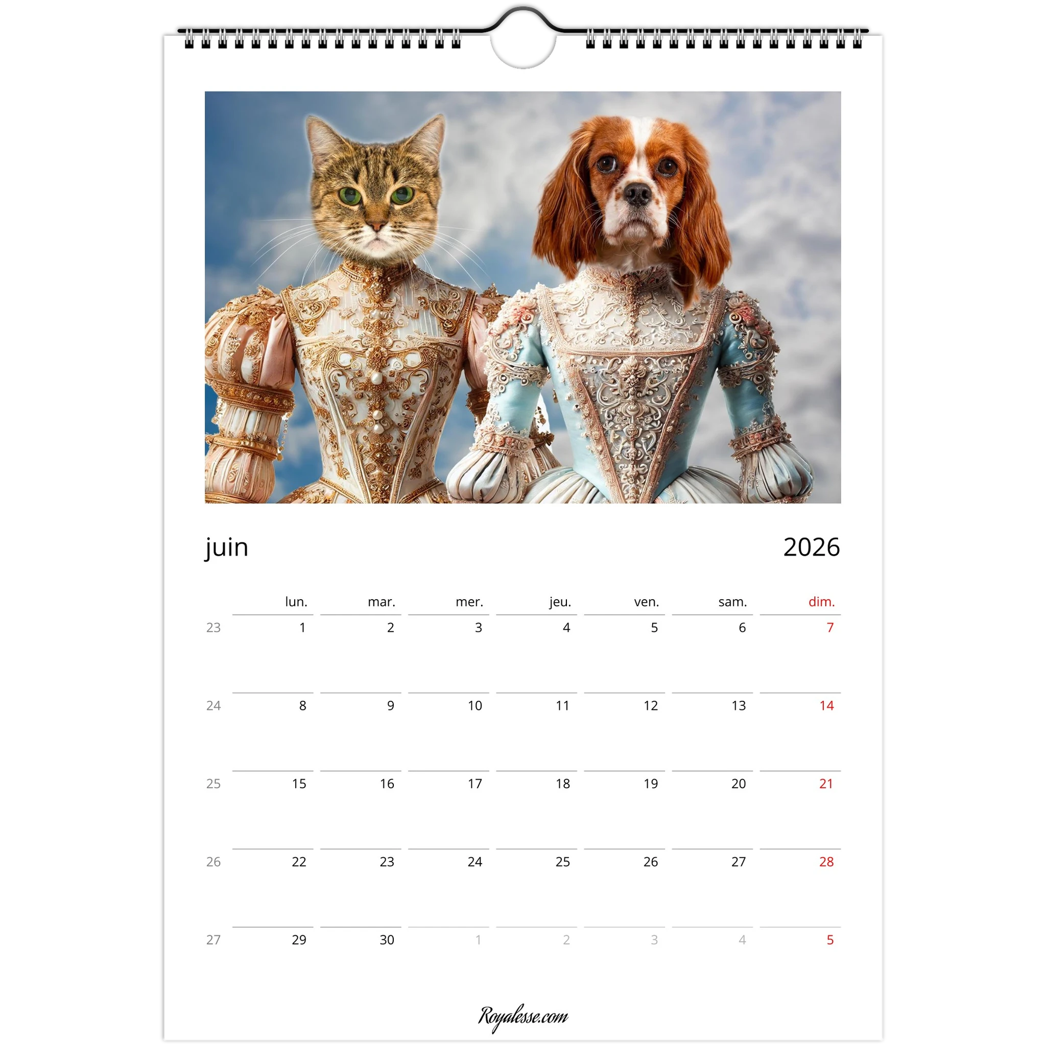 Calendrier mural de juin 2026 avec une illustration d’une chatte et d’un chien Cavalier King Charles, tous deux coiffés de tenues Renaissance richement brodées et perlées, posant côte à côte devant un ciel nuageux.