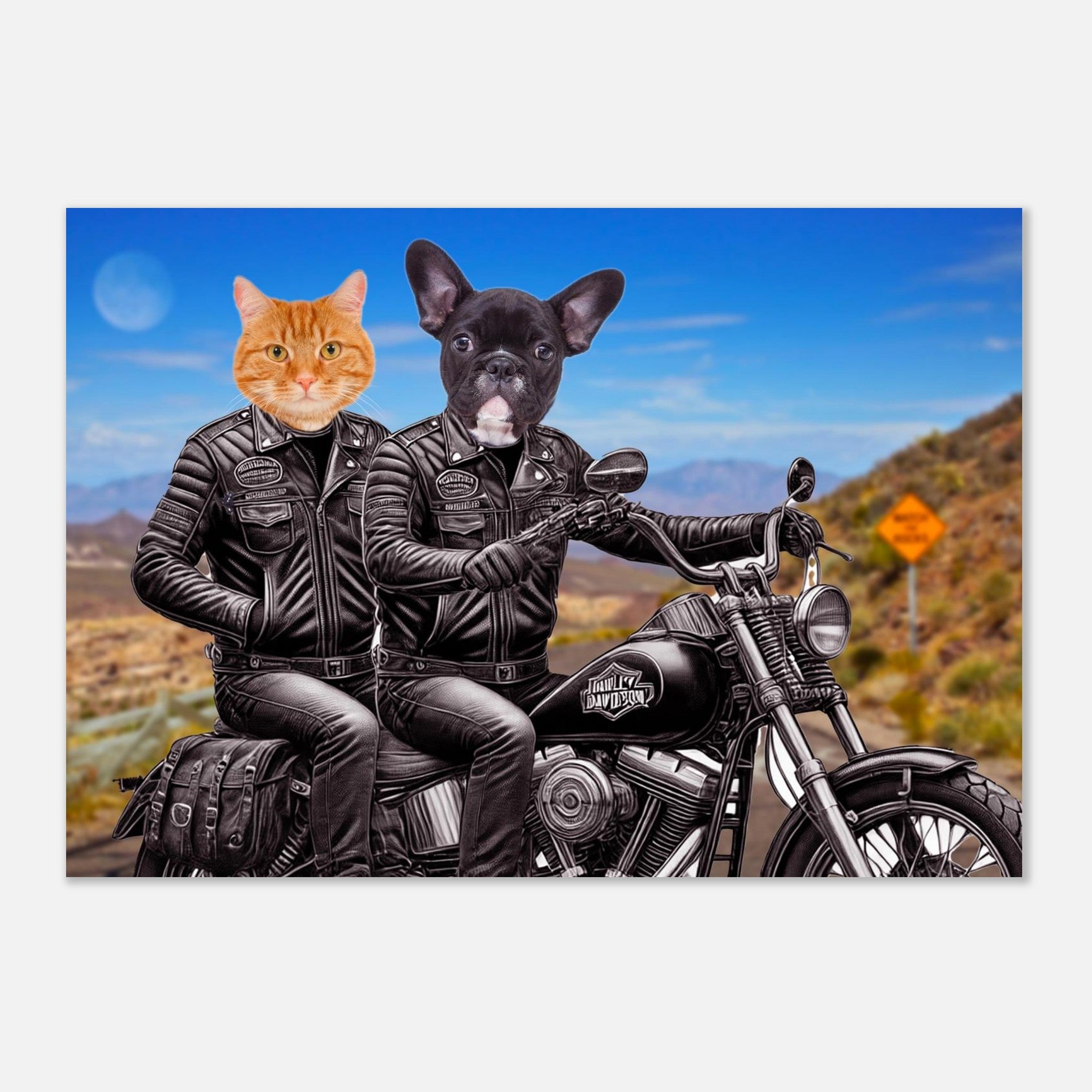 Chat roux et bouledogue français en blousons de cuir noir sur une moto Harley-Davidson traversant un paysage désertique sous un ciel bleu.
