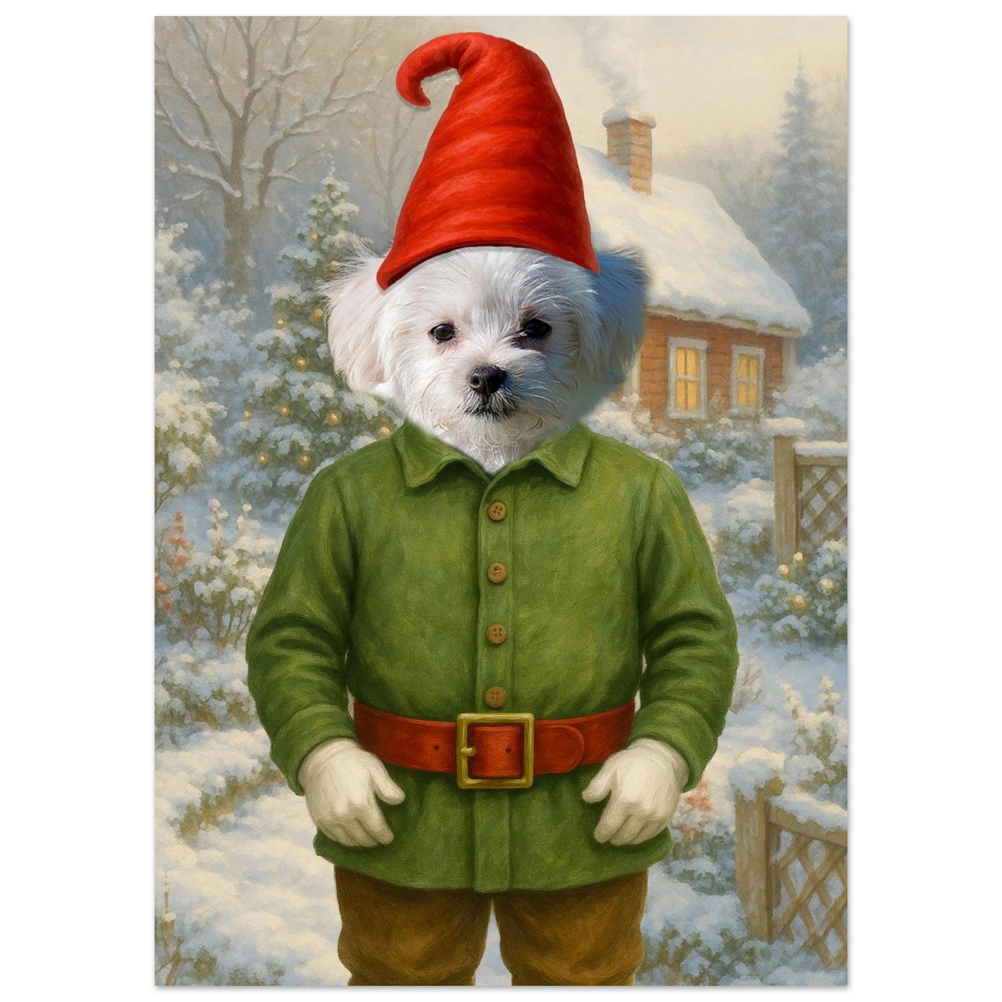 Chien blanc en costume de lutin de Noël avec manteau vert, ceinture et bonnet rouges, posé devant un chalet enneigé.
