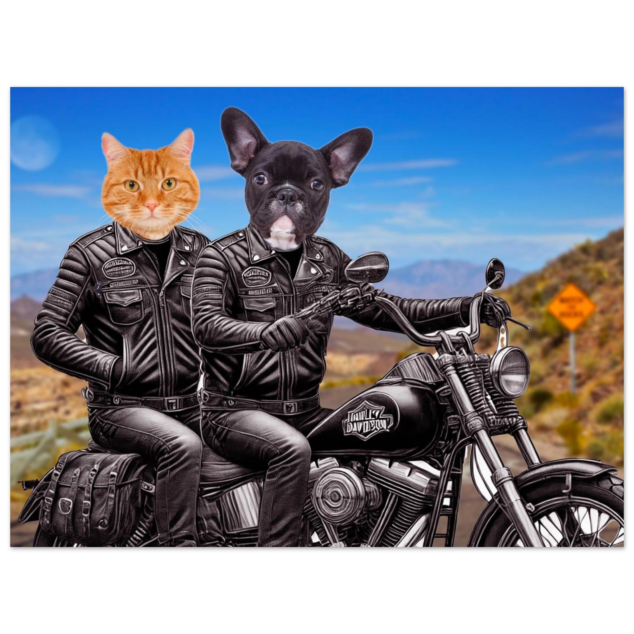 Chat roux passager et bouledogue français noir au guidon, tous deux en blousons de cuir noirs sur une moto custom Family Davidson noire, roulant sur une route désertique sous un ciel bleu.