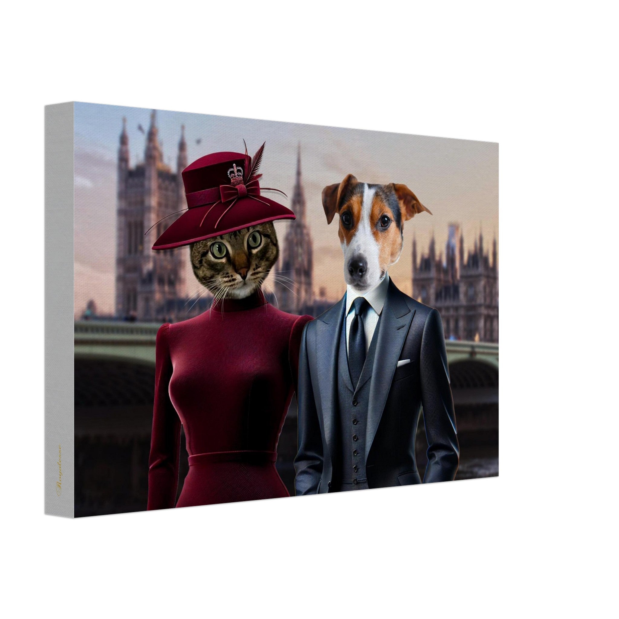 Chat anthropomorphe en robe bordeaux et chapeau orné de plumes, aux côtés d’un chien Jack Russell en costume trois-pièces, posant devant le palais de Westminster et Big Ben à Londres au crépuscule.