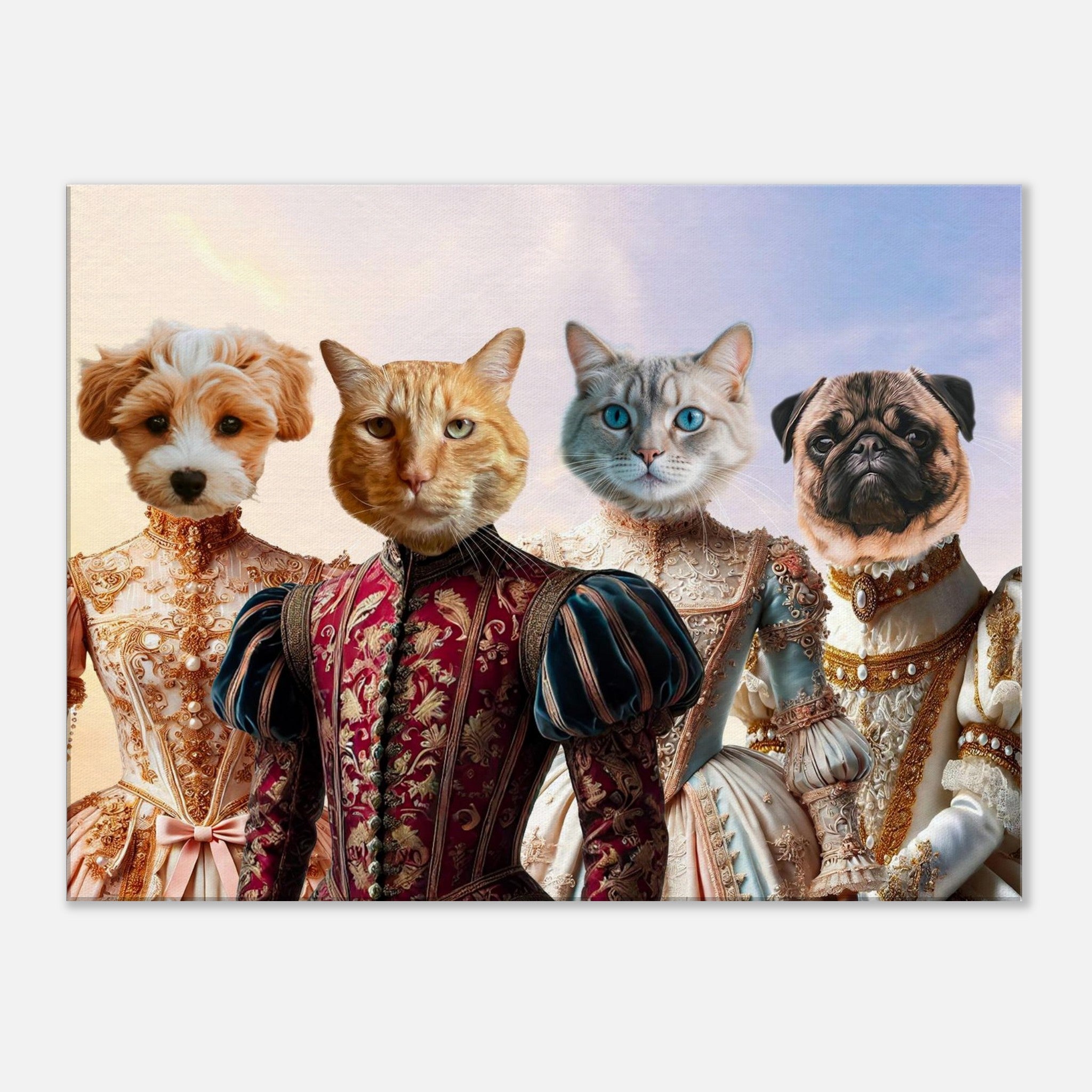 Portrait fantaisiste de deux chats et deux chiens anthropomorphes vêtus de somptueux costumes Renaissance richement ornés.