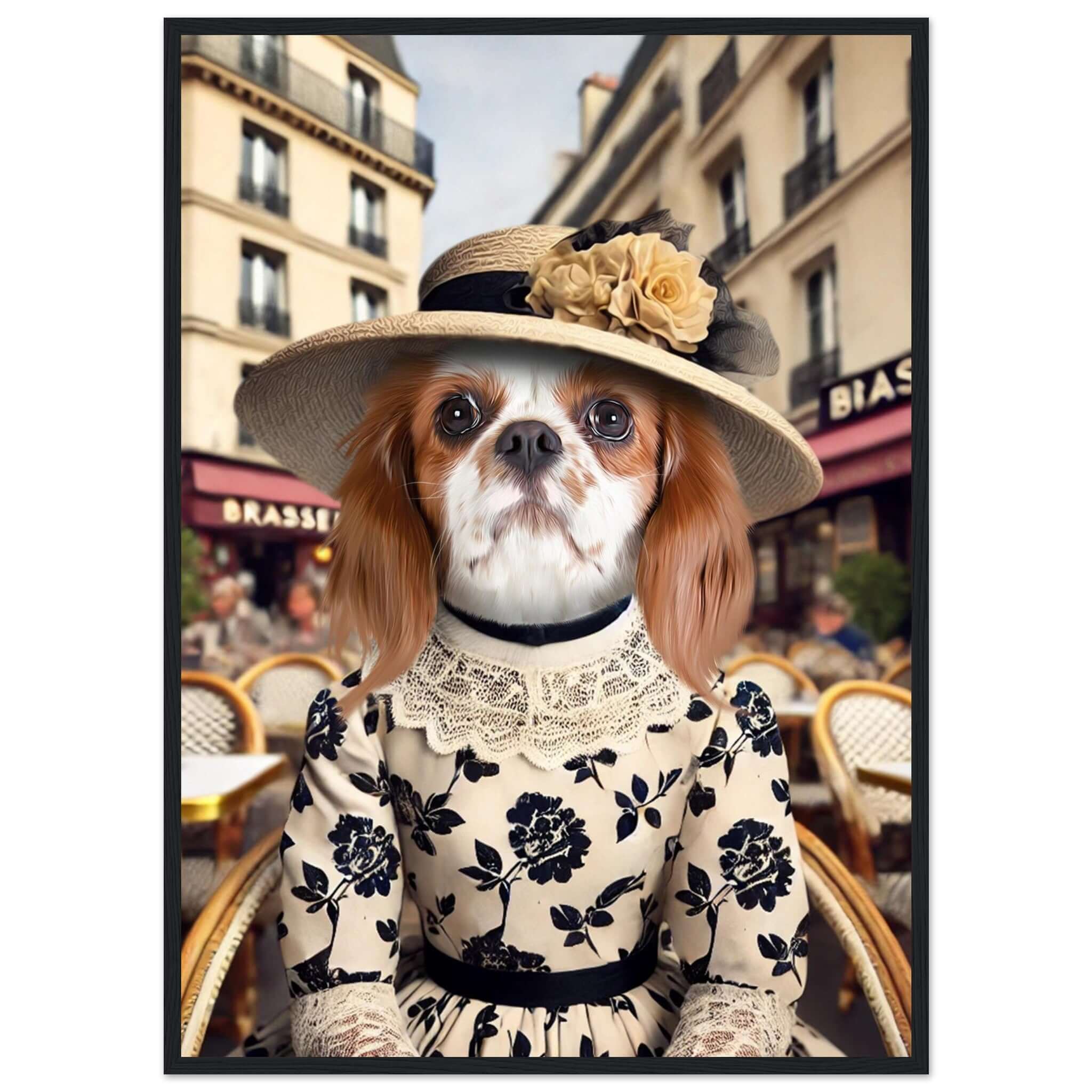 Chien vêtu élégamment avec un chapeau à fleurs, assis dans un café parisien, imprimé en France sur papier FSC.