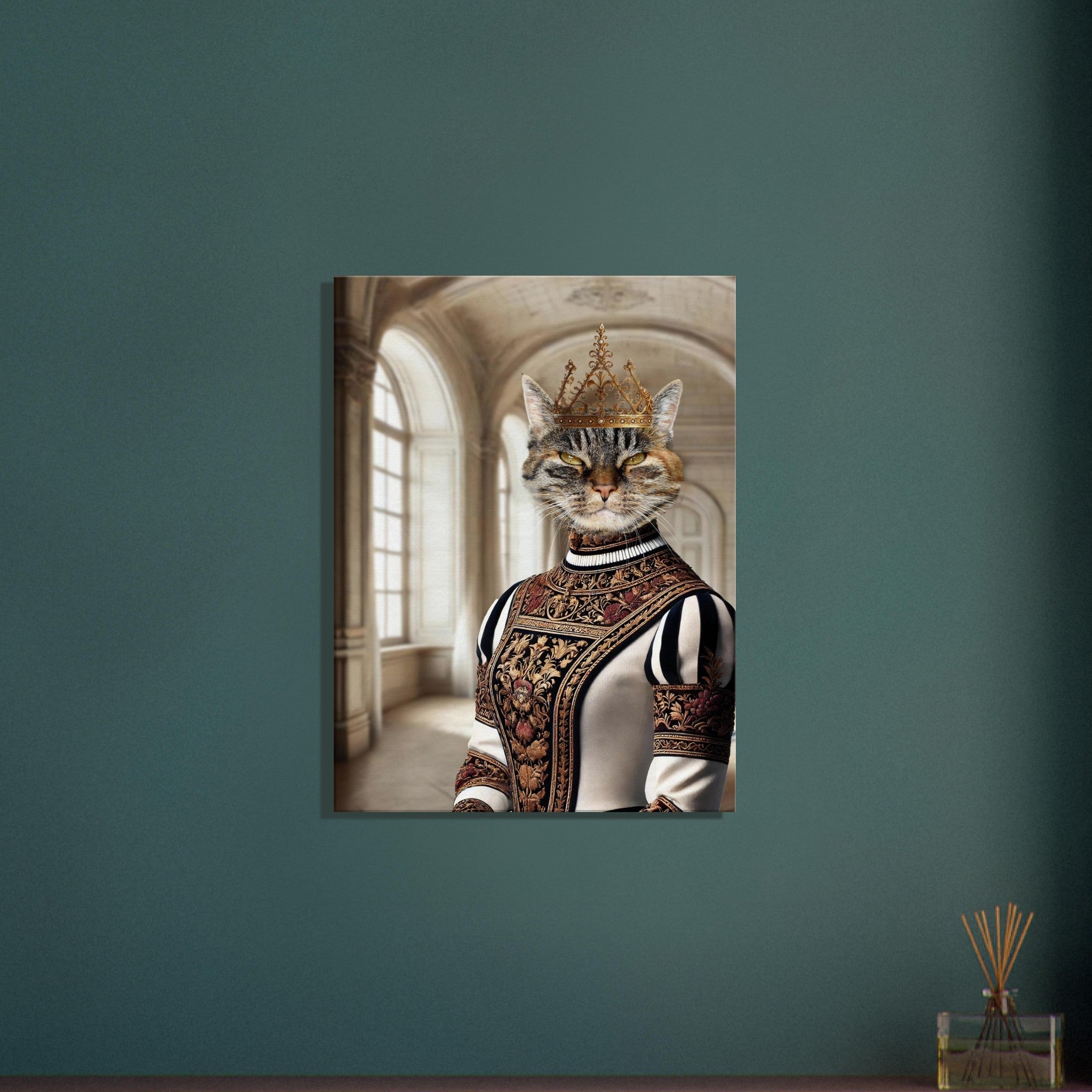 Portrait mural accroché sur un mur bleu-vert montrant un chat au regard perçant, coiffé d’une couronne dorée et vêtu d’une somptueuse robe Renaissance richement brodée.