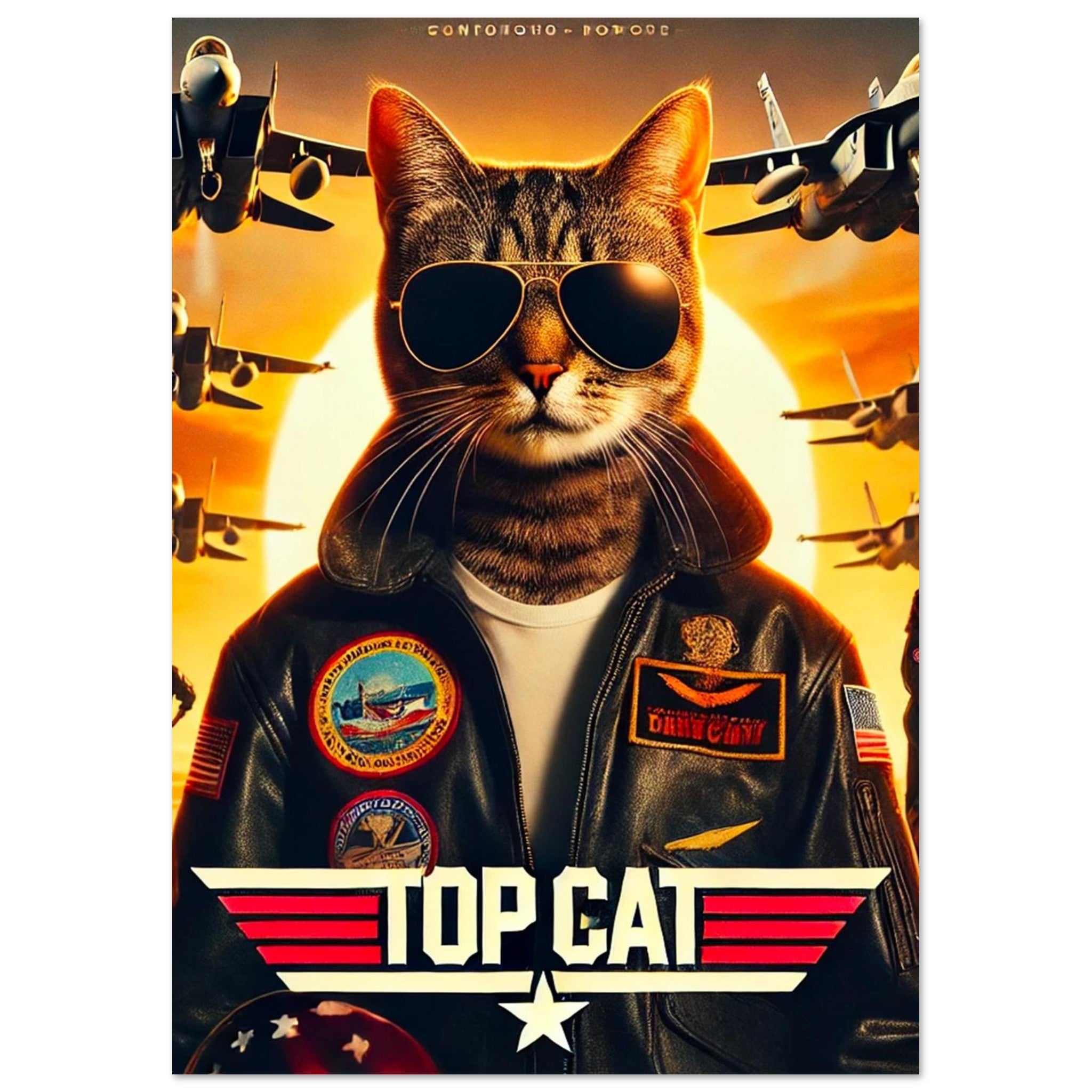 Illustration d’un chat stylisé en pilote de chasse portant des lunettes d’aviateur et une veste en cuir à écussons, devant un soleil couchant orange et une formation de jets, avec le logo « Top Cat ».