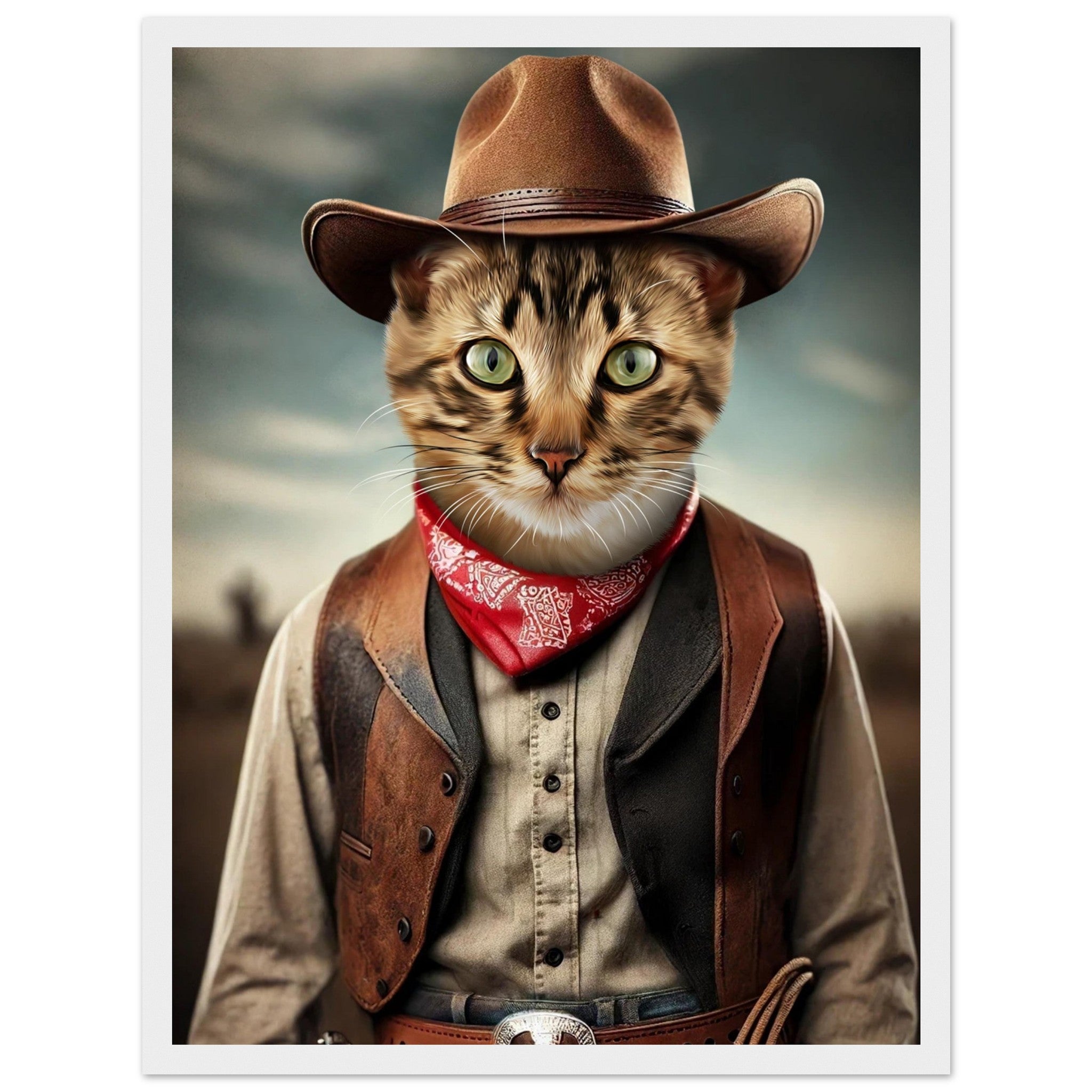 Portrait humoristique d'un chat déguisé en cowboy avec chapeau et bandana rouge, imprimé en France sur papier FSC.