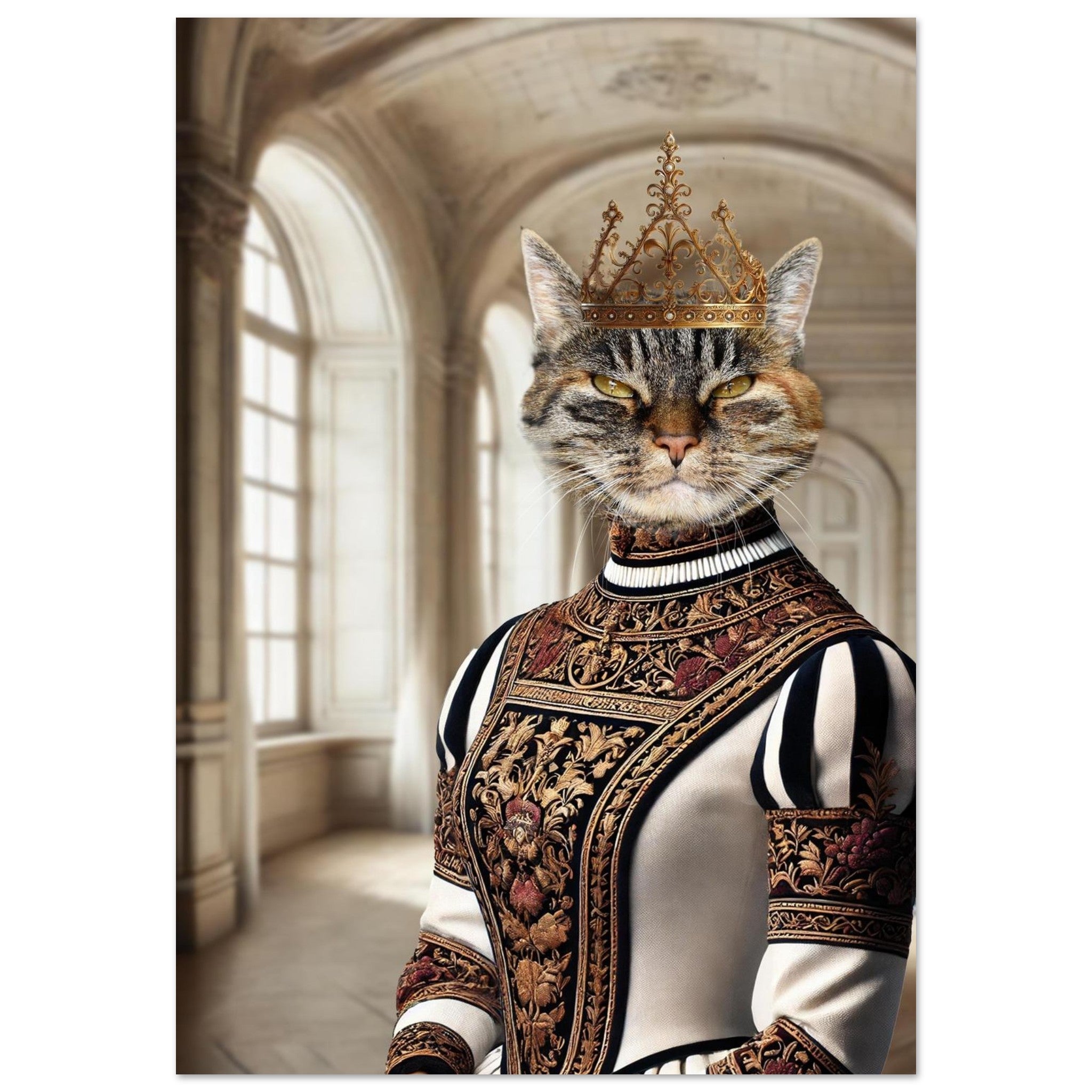 Chat tigré anthropomorphe en costume Renaissance richement brodé et couronne dorée, posé dans un somptueux hall classique à grandes fenêtres.