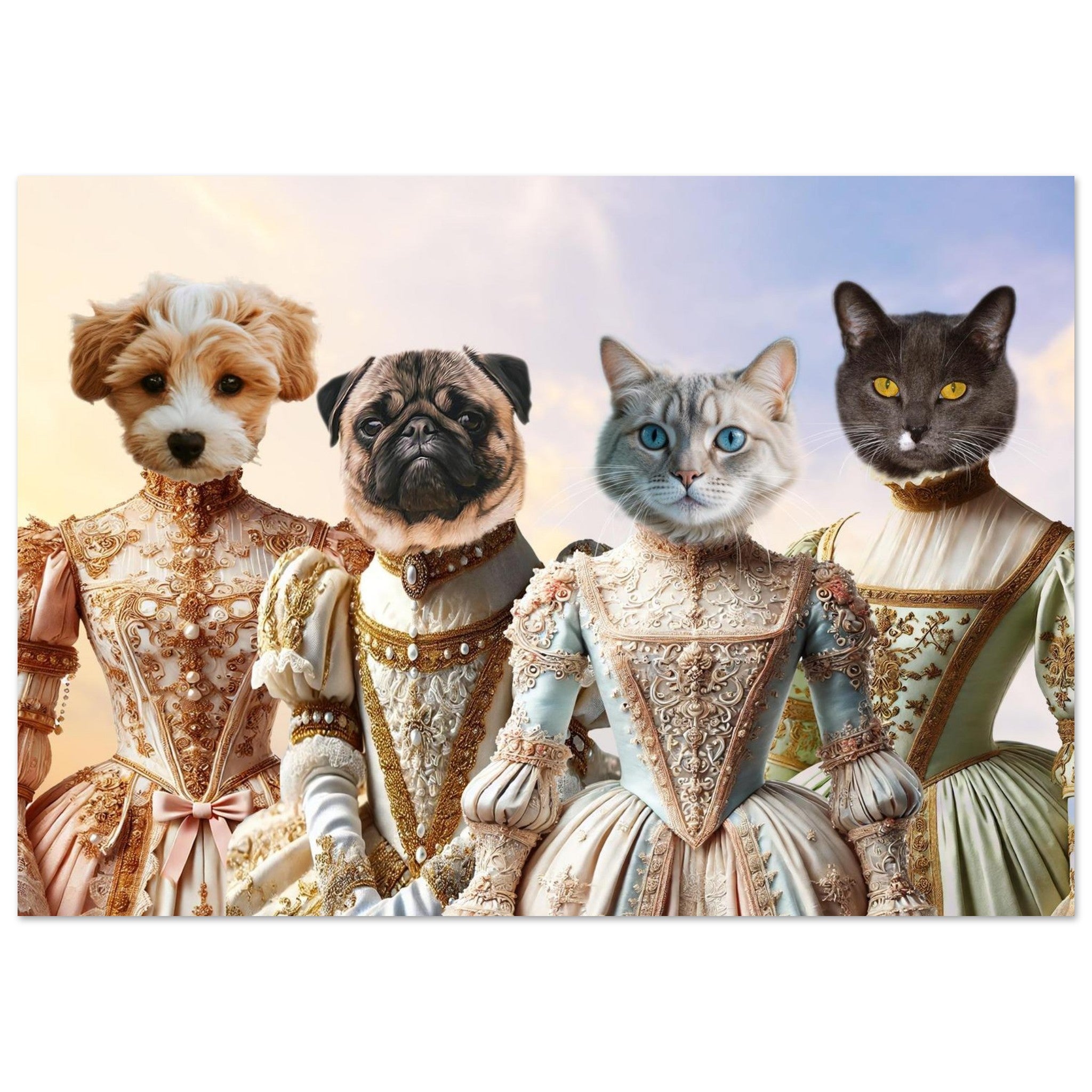 Portrait de deux chiens (bichon crème et carlin) et de deux chats (un chat clair aux yeux bleus et un chat gris aux yeux jaunes) vêtus de somptueuses robes baroques XVIIIe siècle ornées de dentelles, broderies dorées et perles.