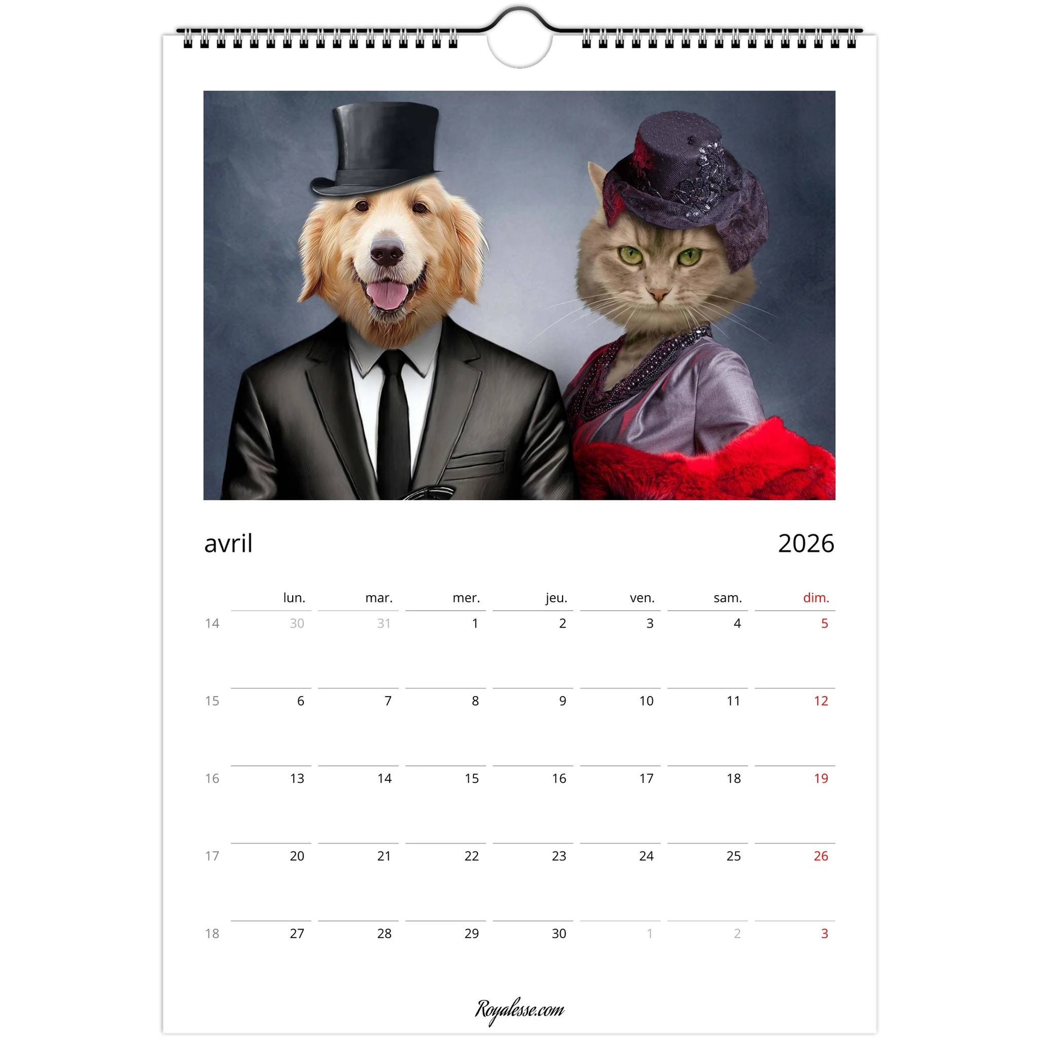 Page de calendrier avril 2026 illustrée par un chien en costume-cravate et haut-de-forme aux côtés d’une chatte en robe violette, étole rouge et chapeau élégant.