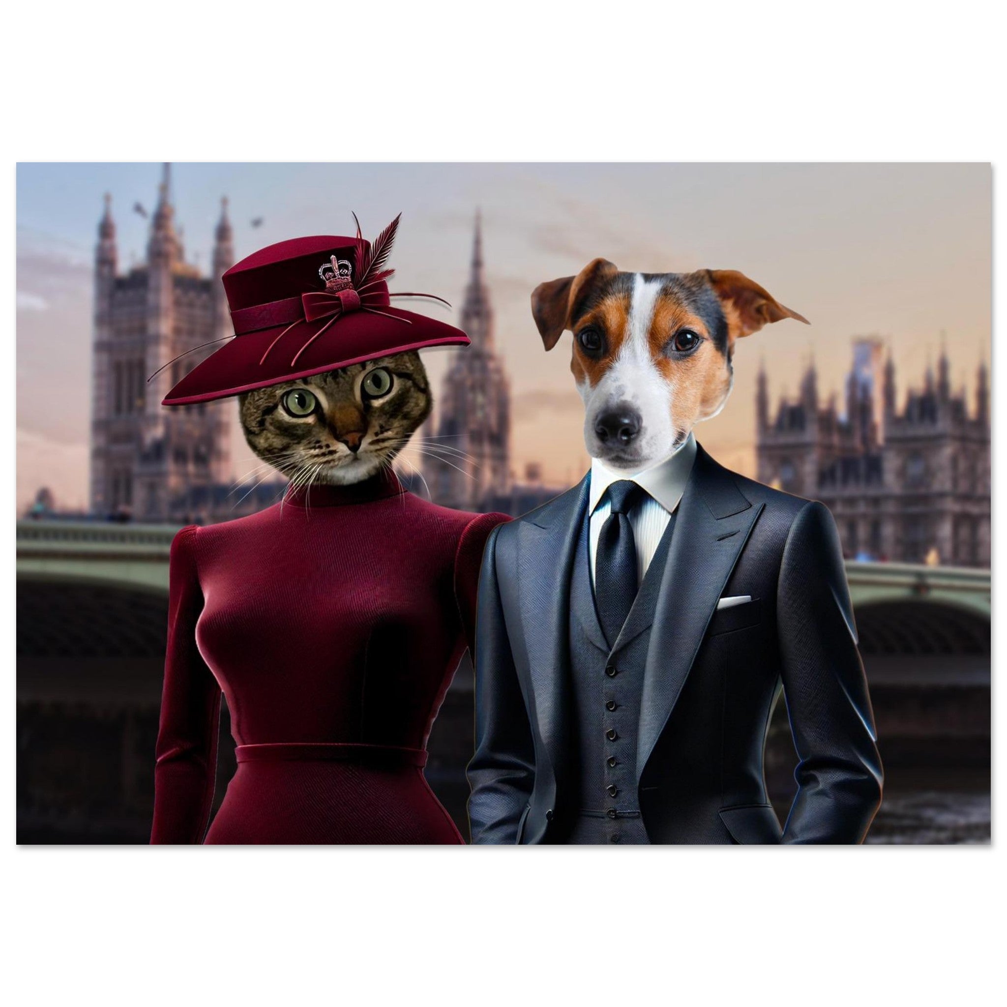 Chat élégant vêtu d’une robe bordeaux et d’un chapeau à plumes aux côtés d’un chien en costume trois-pièces devant le palais de Westminster à Londres au coucher du soleil.