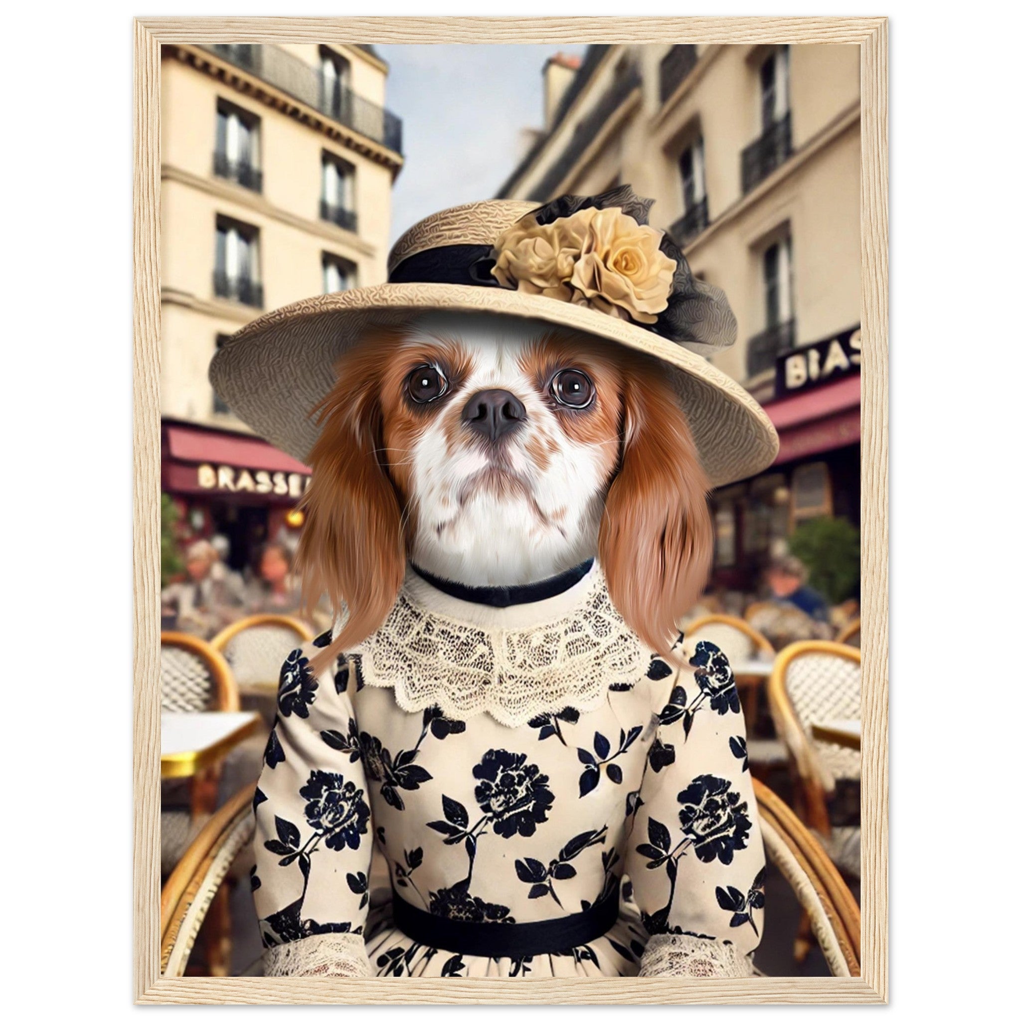 Poster chien avec chapeau, imprimé en France sur papier FSC, cadre en bois de pin durable, prêt à accrocher.