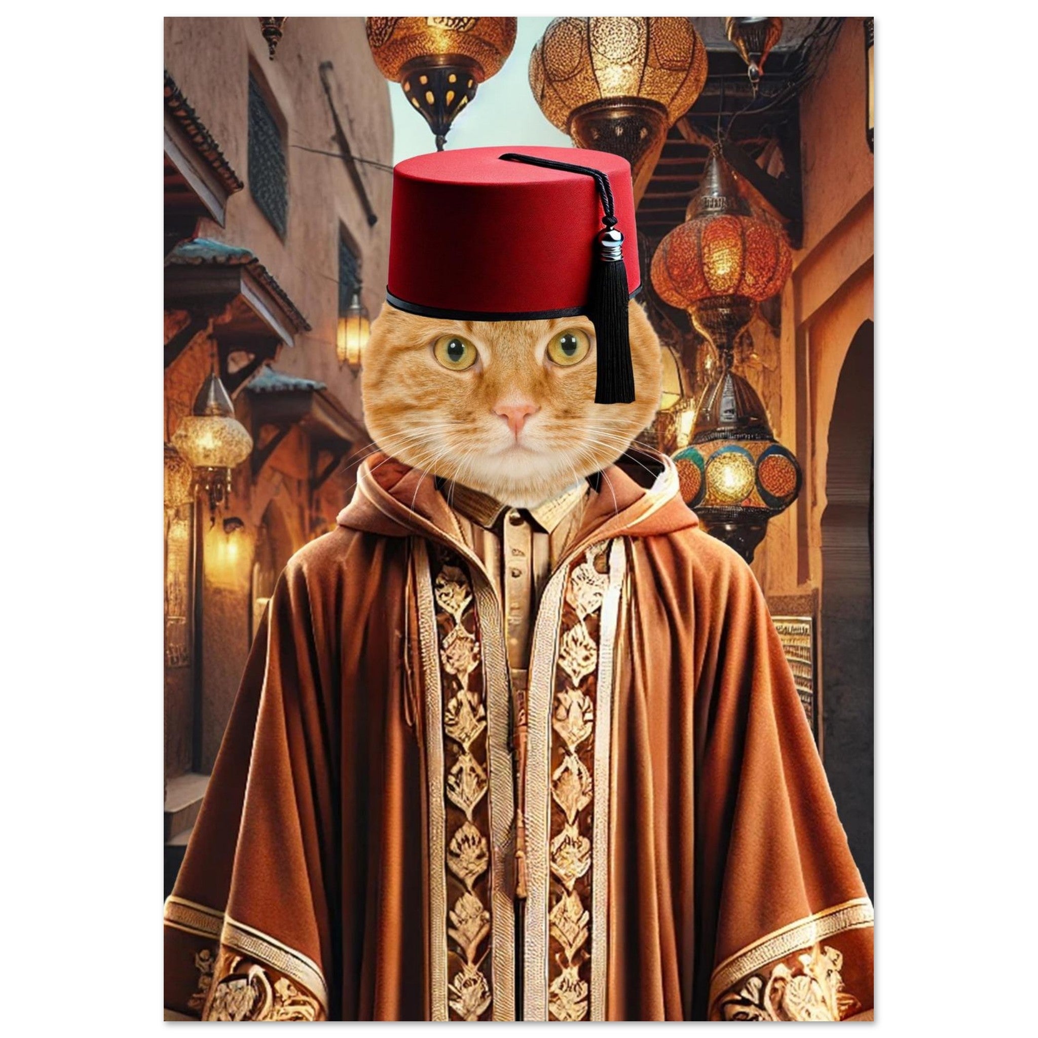 Chat roux vêtu d’un caftan marocain brodé et coiffé d’un fez rouge, dans une ruelle de souk éclairée par des lanternes orientales colorées.