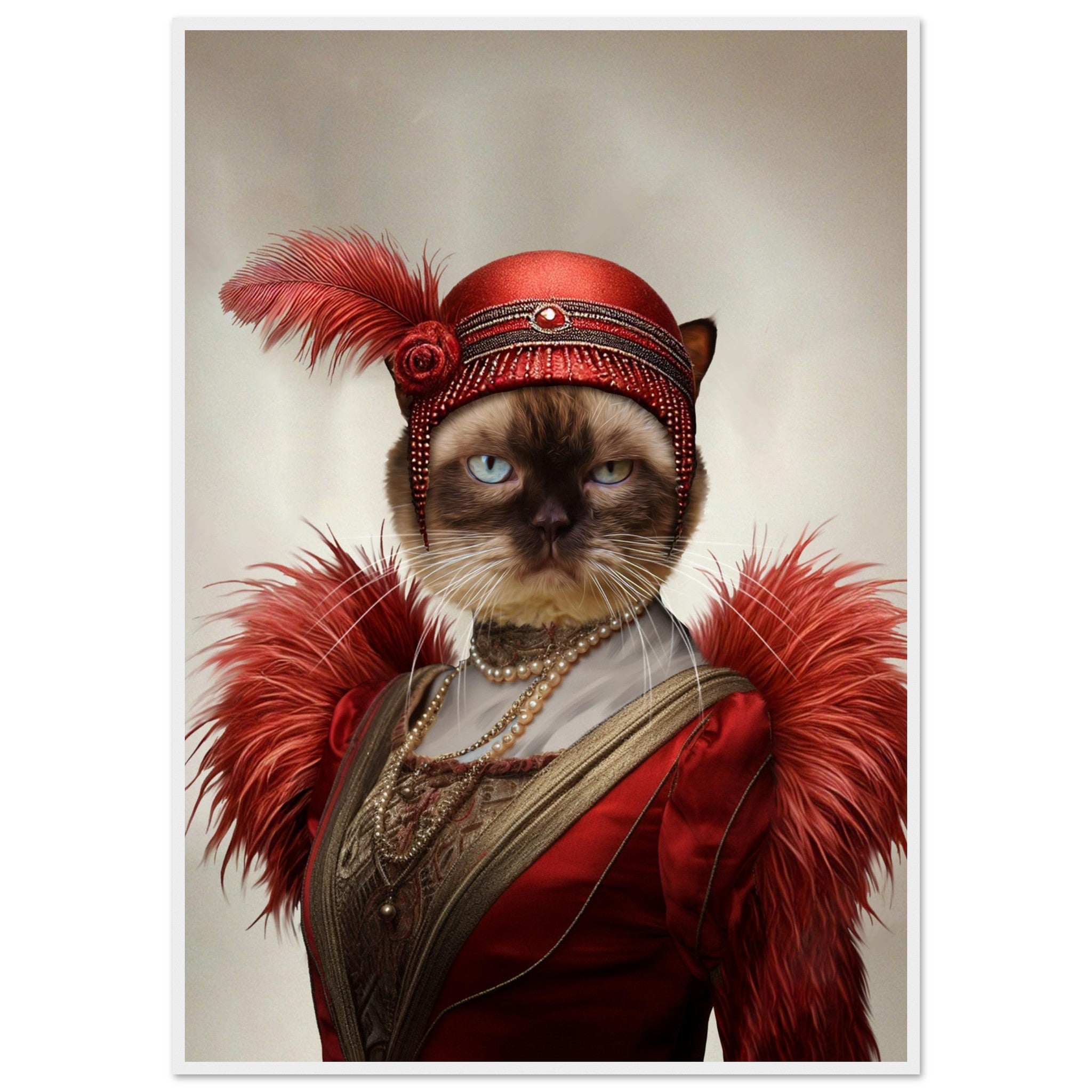 Chat avec un chapeau rouge et costume élégant, posant dans un style vintage.