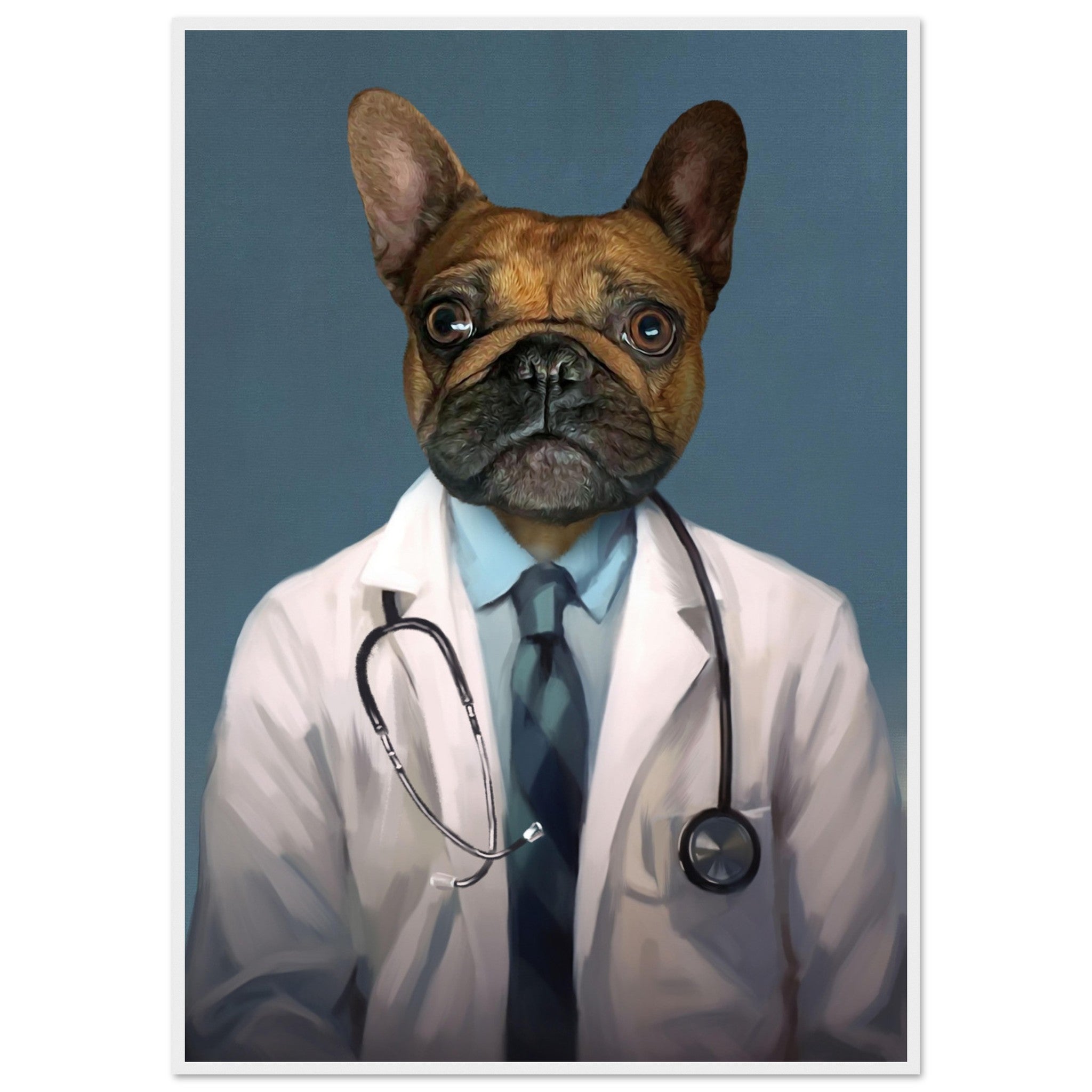 Portrait humoristique d'un chien en blouse de médecin, cadre en bois solide, imprimé en France sur papier FSC de haute qualité.