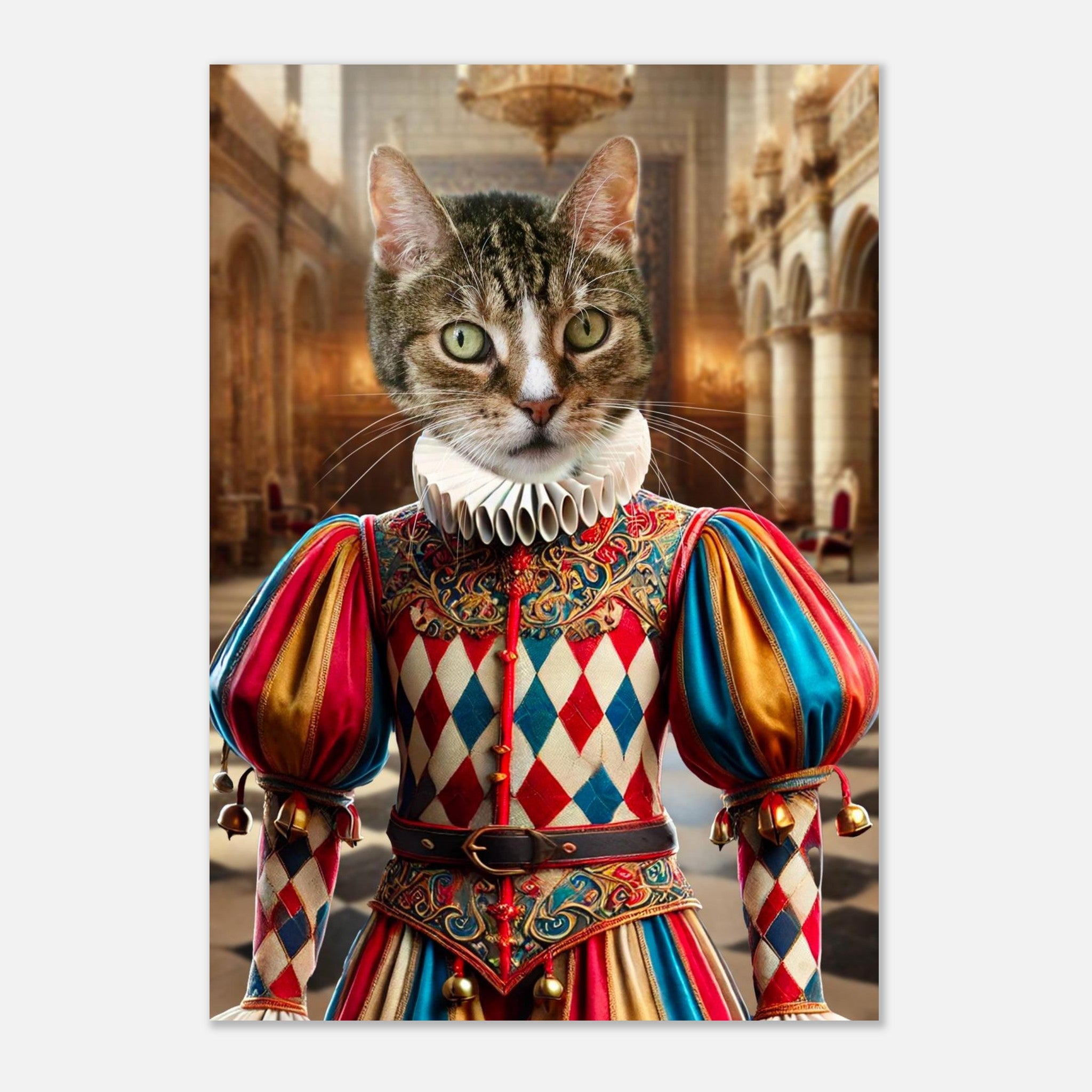 Portrait d’un chat gris et blanc vêtu d’un costume Renaissance arlequin multicolore (losanges rouge, bleu et or), col en dentelle plissée et clochettes aux manches, debout dans un grand hall de château ancien.