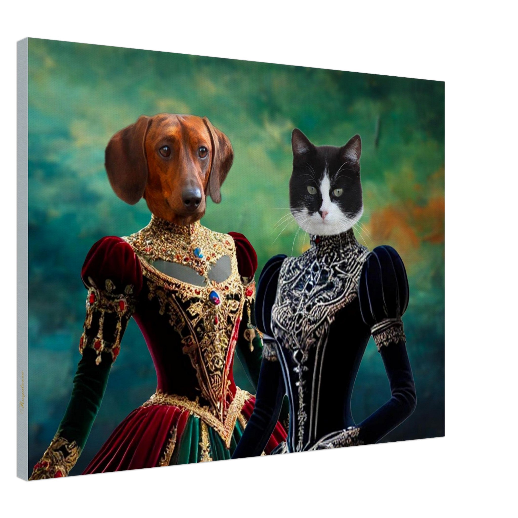 Portrait anthropomorphe d’un teckel brun et d’un chat noir et blanc en robes Renaissance ornées de bijoux sur fond vert flou.
