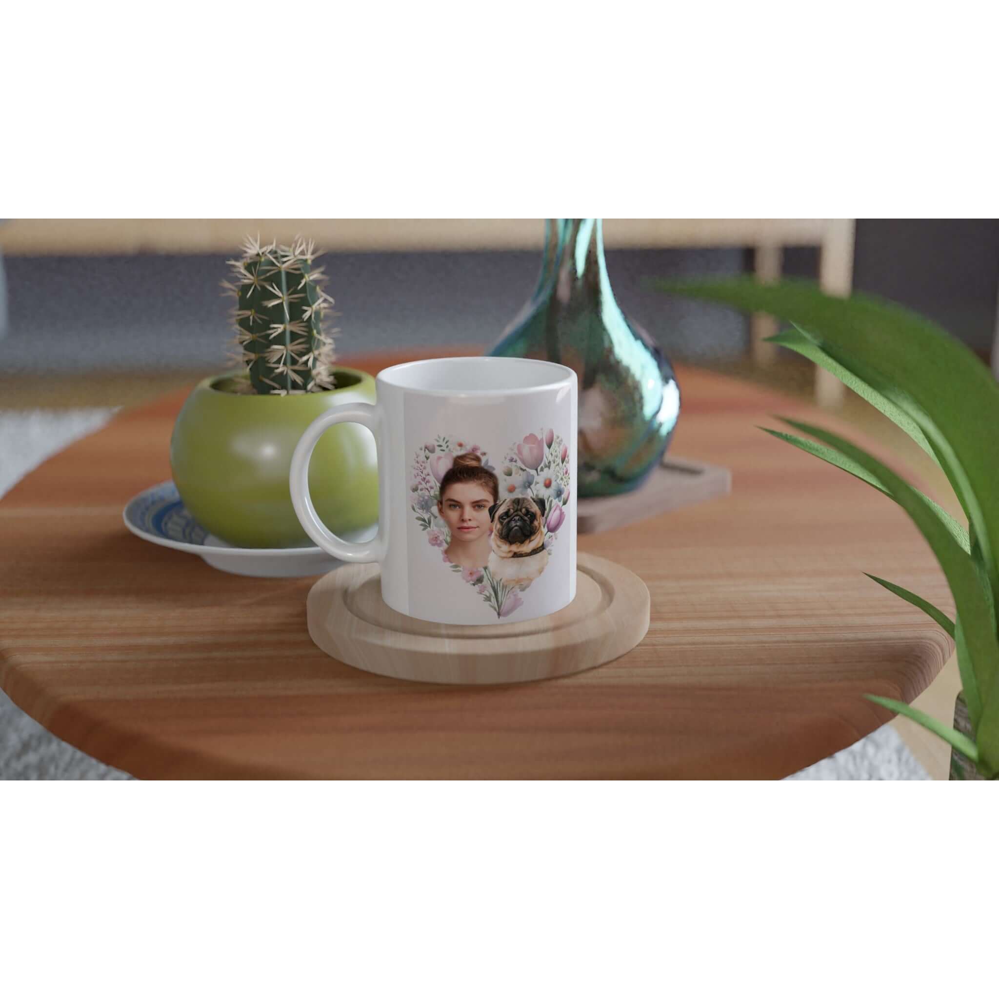 Mug personnalisé en céramique avec portrait d'animal en costume, imprimé en France, design élégant, sur papier FSC, posé sur une table en bois.