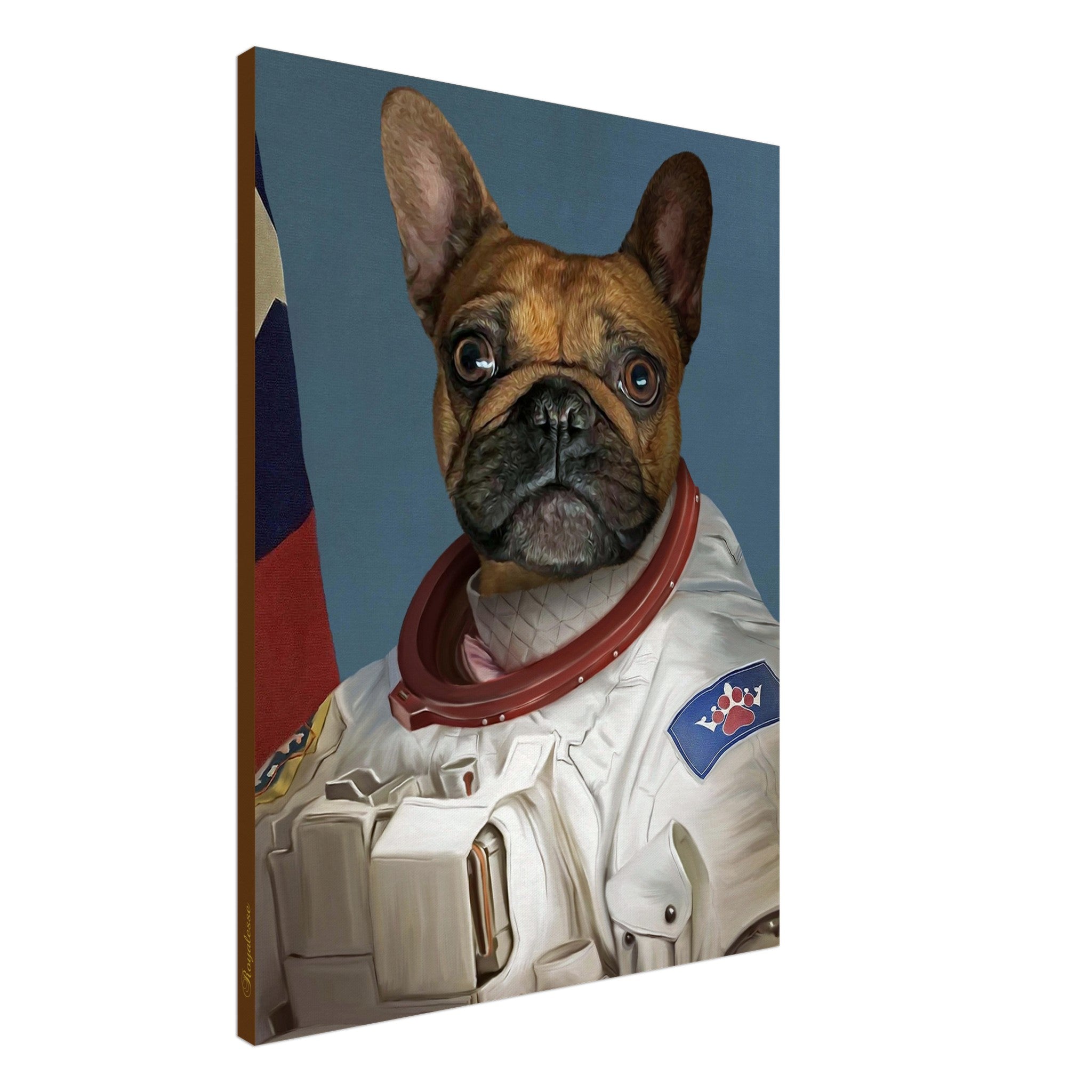 Portrait d'un chien sur toile en astronaute, imprimé en France sur papier FSC. Œuvre d'art personnalisée et intemporelle.