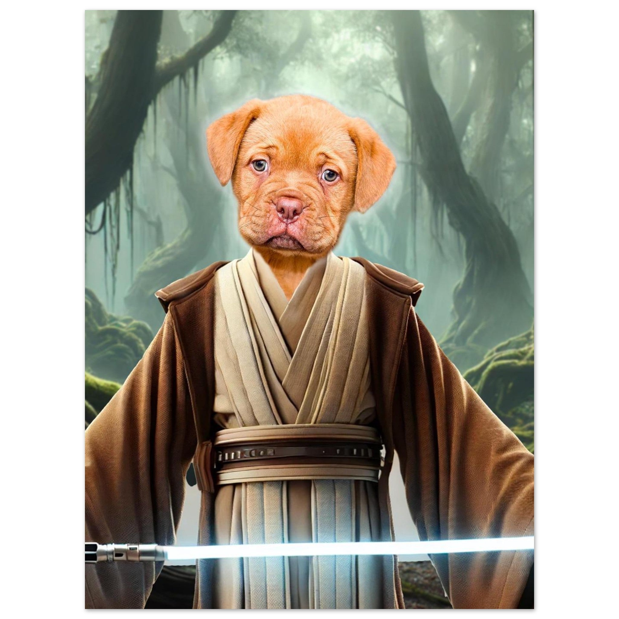 Chiot brun clair vêtu d’une toge de Jedi, brandissant un sabre laser bleu dans une forêt brumeuse et mystérieuse